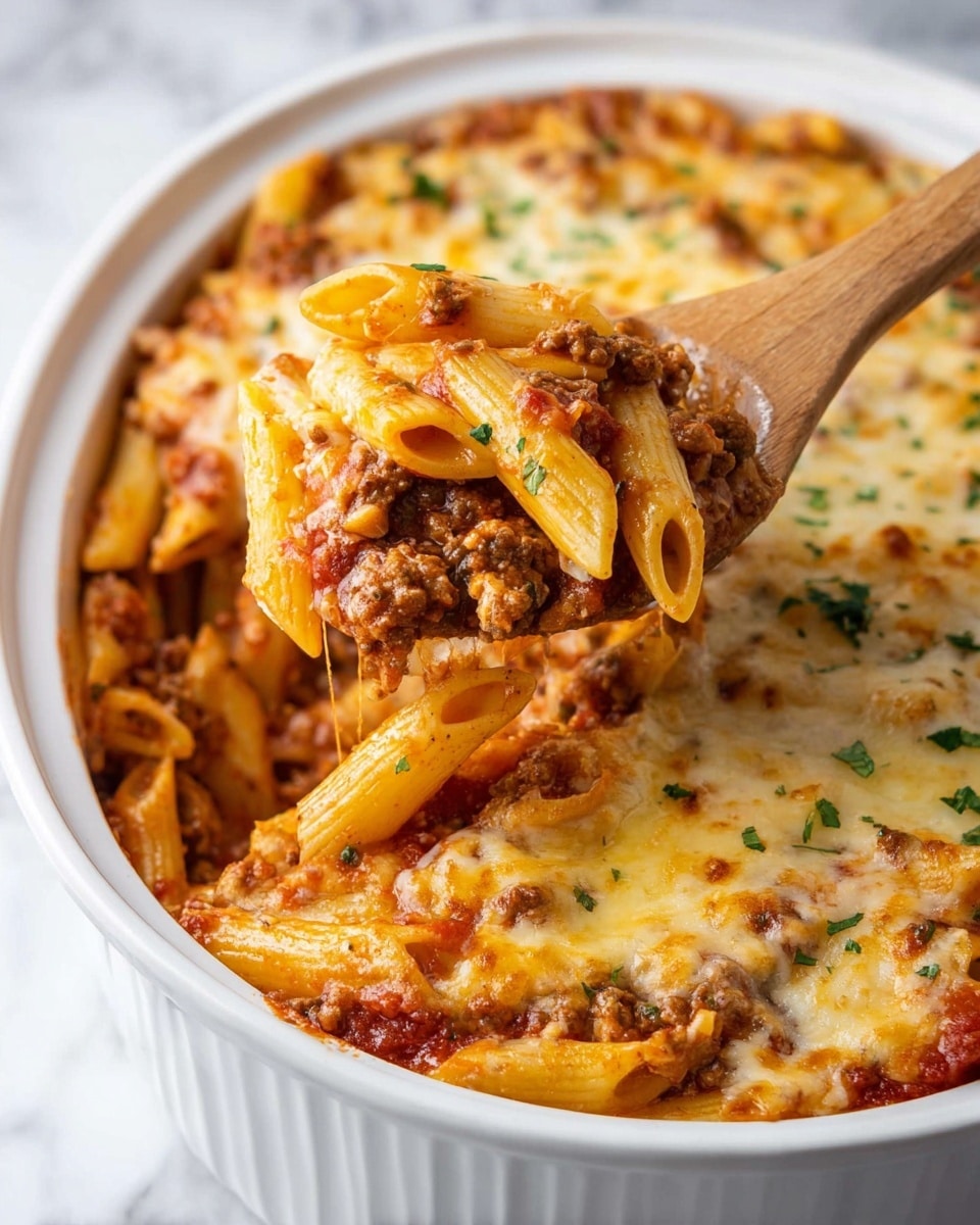 The image shows a white bowl filled with a baked pasta dish that has two main layers. The bottom layer is made of penne pasta mixed with a chunky tomato sauce and ground meat, giving a rich reddish-brown color with bits of green herbs sprinkled on top. The top layer is a melted cheese golden to light brown, covering the pasta evenly with some spots of browning. A wooden spoon is lifting a scoop of the pasta mixture, showing the layers and the shine of the melted cheese and tomato sauce. The bowl sits on a white marbled surface. Photo taken with an iphone --ar 4:5 --v 7