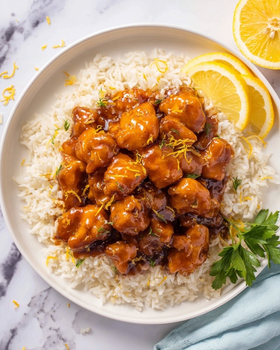 A white round plate filled with a base layer of cooked white rice, fluffy and slightly separated, topped with orange-glazed chicken pieces that are shiny and thickly coated in sauce, some pieces sprinkled with fine yellow lemon zest. On the side of the plate, two thin lemon slices and a small sprig of fresh green parsley add color contrast. The plate is placed on a white marbled surface with a light blue cloth nearby. photo taken with an iphone --ar 4:5 --v 7