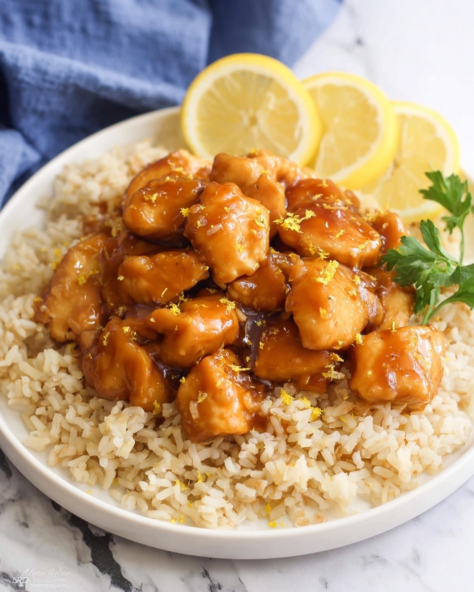 The image shows a white plate with two main layers. The bottom layer is a bed of light brown cooked rice, spread evenly across the plate with a soft, fluffy texture. On top of the rice, there is a layer of glossy orange-brown chunks of cooked chicken coated in a shiny thick sauce. The sauce has small specks of yellow zest sprinkled over it. At the top right edge of the plate, there are two lemon slices positioned leaning against the rice layer, and a small green sprig of parsley beside the lemon slices. The plate sits on a white marbled surface with a blue cloth partially visible at the top left corner. photo taken with an iphone --ar 4:5 --v 7