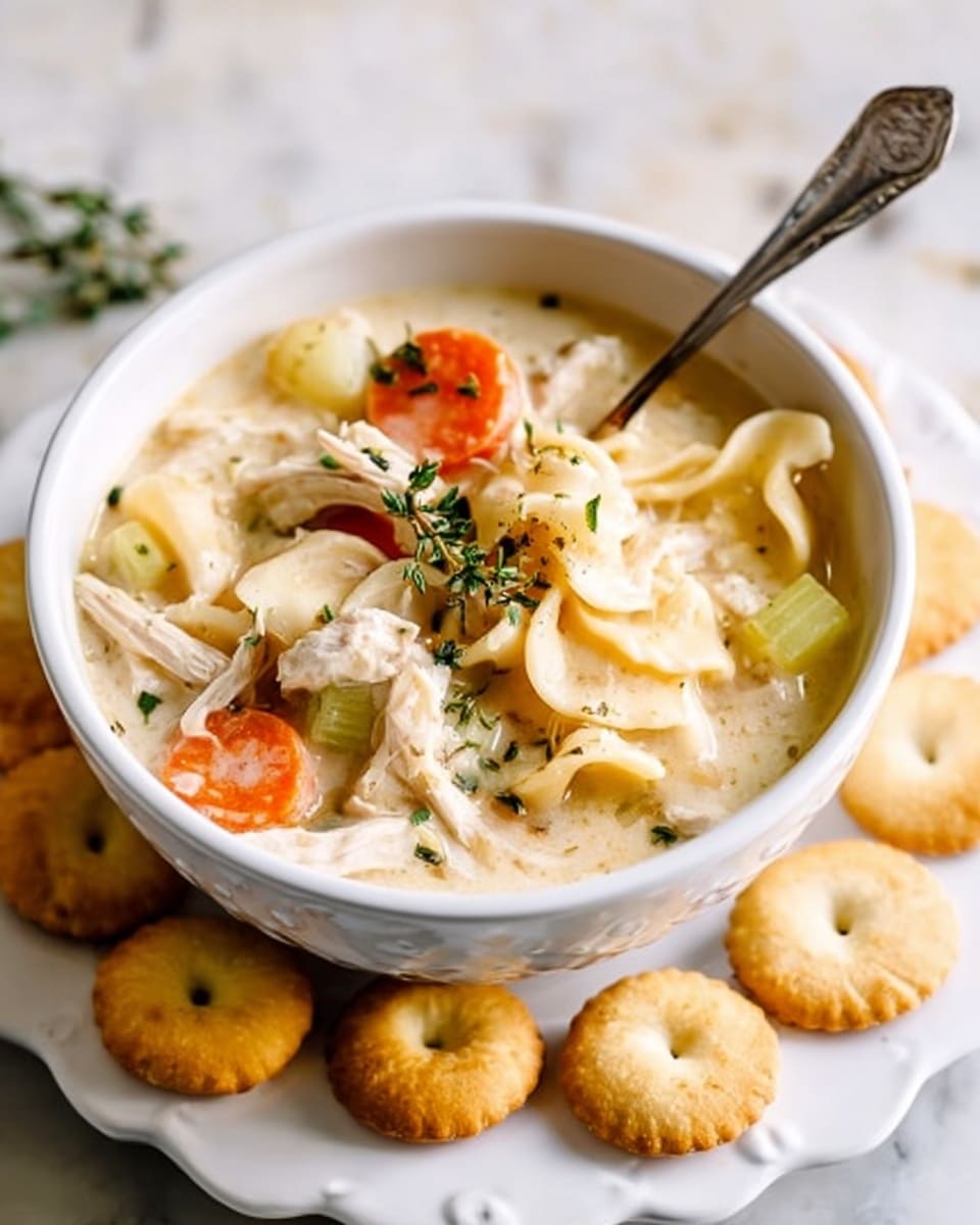 A white bowl filled with layered creamy chicken noodle soup showing shredded white chicken pieces, round orange carrot slices, pale celery chunks, and flat noodle shapes in a light creamy broth, topped with fresh green thyme sprigs and small round oyster crackers floating on top. The bowl sits on a white plate covered with more oyster crackers, all on a white marbled textured surface. A silver spoon is inside the bowl with its handle leaning out to the side, and a woman's hand lightly touching the spoon. photo taken with an iphone --ar 4:5 --v 7