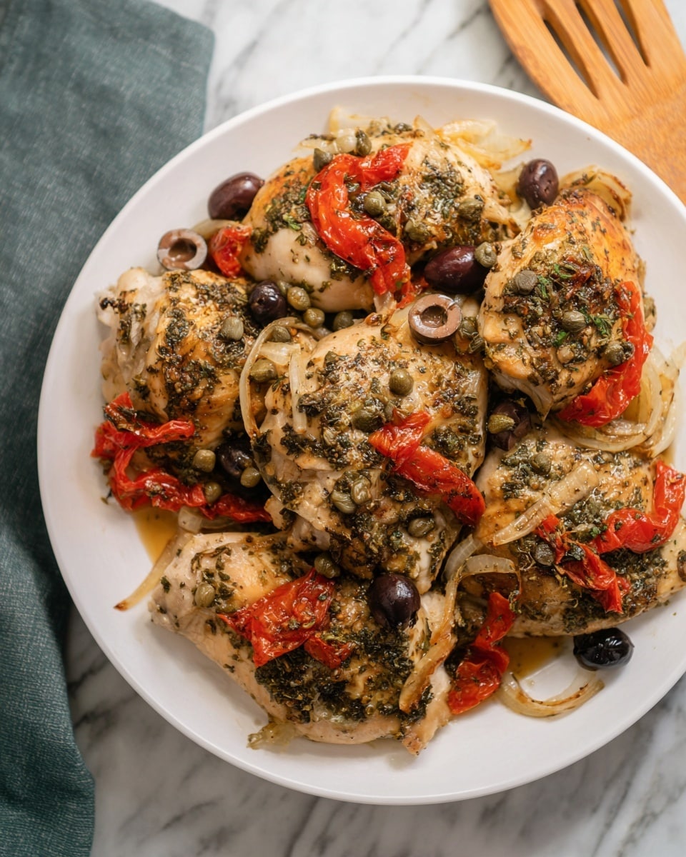 A white round plate is piled with six cooked chicken pieces, each topped with greenish herb seasoning. On the chicken pieces, there are sliced black olives scattered and bright red strips of roasted red peppers. Thin translucent slices of cooked onions are mixed in between the chicken pieces. The chicken has a golden brown crust with a moist texture, and some green capers are sprinkled on top as well. The background is a white marbled surface with a wooden spatula visible to the right. Photo taken with an iphone --ar 4:5 --v 7