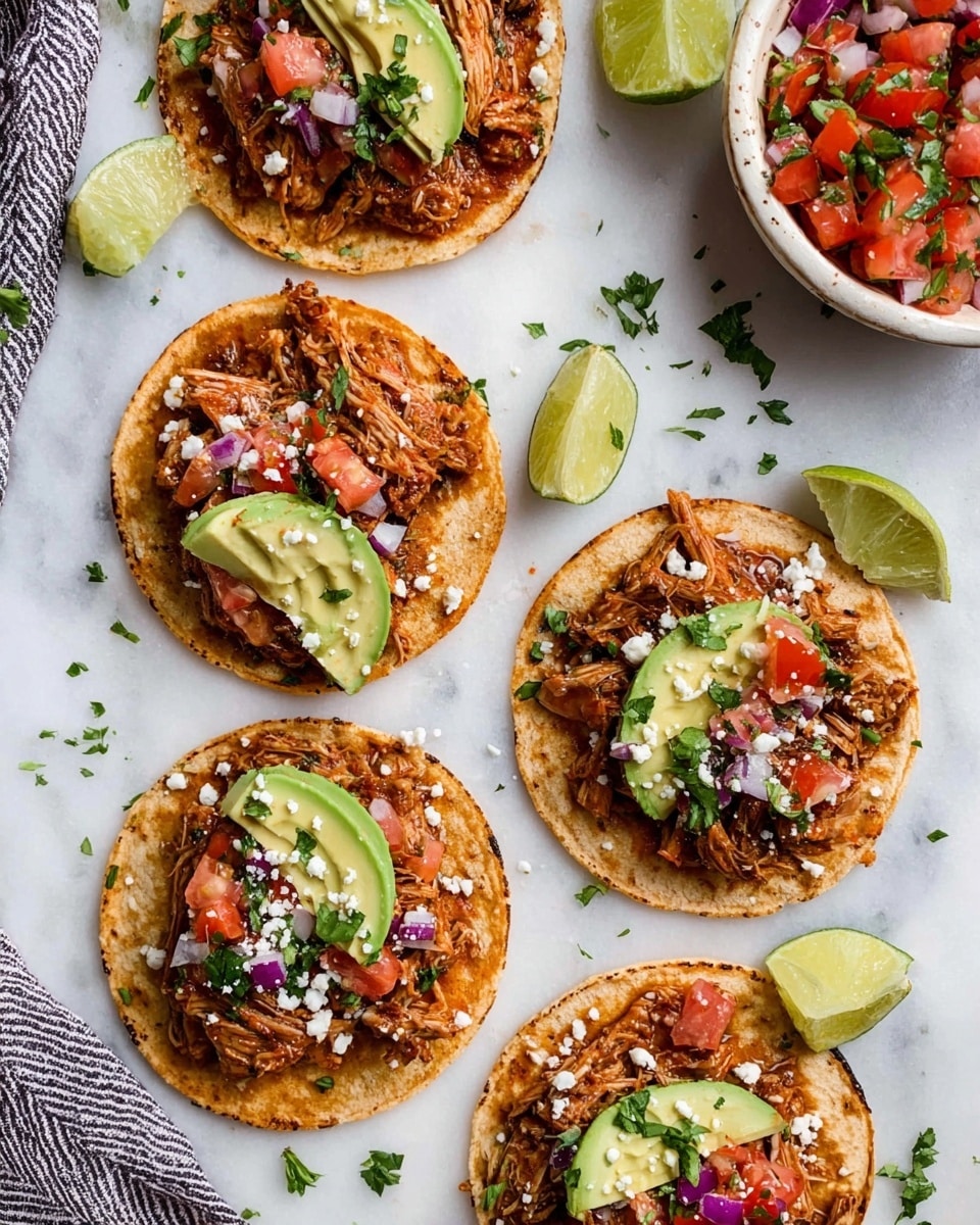 Four tacos are arranged on a white marbled surface. Each taco has two layers of soft toasted tortillas folded open. Inside, there is a base layer of shredded cooked meat with a reddish-brown color. On top of the meat, slices of pale green avocado lay against the inner edge of each taco. Bright red cherry tomato halves are scattered on the meat along with small pieces of chopped red onion. Small white crumbles of cheese cover the filling lightly. Fresh green cilantro leaves are sprinkled over everything for color. Lime wedges and a bowl filled with a chunky tomato salsa sit near the tacos. Photo taken with an iphone --ar 4:5 --v 7
