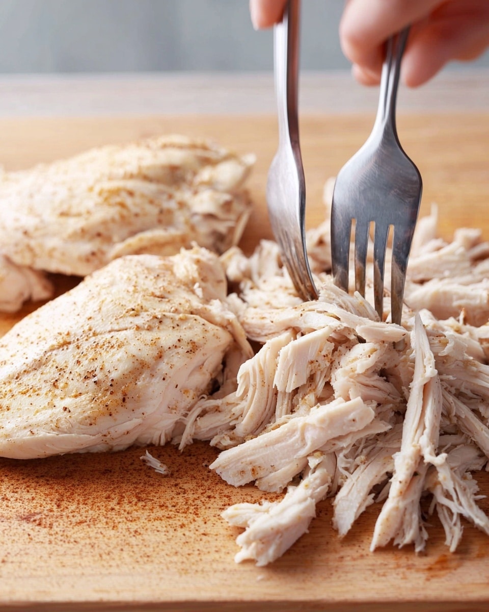 The image shows two pieces of cooked white chicken on a wooden cutting board with a light golden-brown seasoning on the surface. In the center, shredded white chicken meat is separated into thin strips with two silver forks pulling it apart. The color of the chicken is pale white with a slightly moist texture, and the background features a soft, light neutral tone. A woman's hand is holding the forks while shredding the chicken photo taken with an iphone --ar 4:5 --v 7