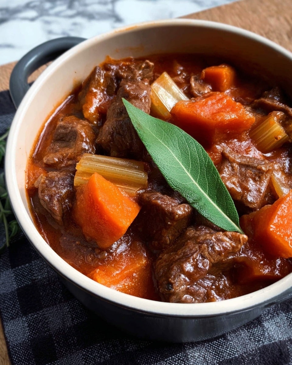 The image shows a close-up of a thick stew inside a black pot. The stew has chunky orange carrot pieces scattered around, along with small pieces of brown meat and translucent cooked onions mixed in a rich, reddish-brown sauce. There are also bits of green herbs and some mushroom slices spread throughout. The stew looks hearty and glossy with a textured, slightly chunky sauce. The background is not visible clearly because the pot edges fill the frame. photo taken with an iphone --ar 4:5 --v 7