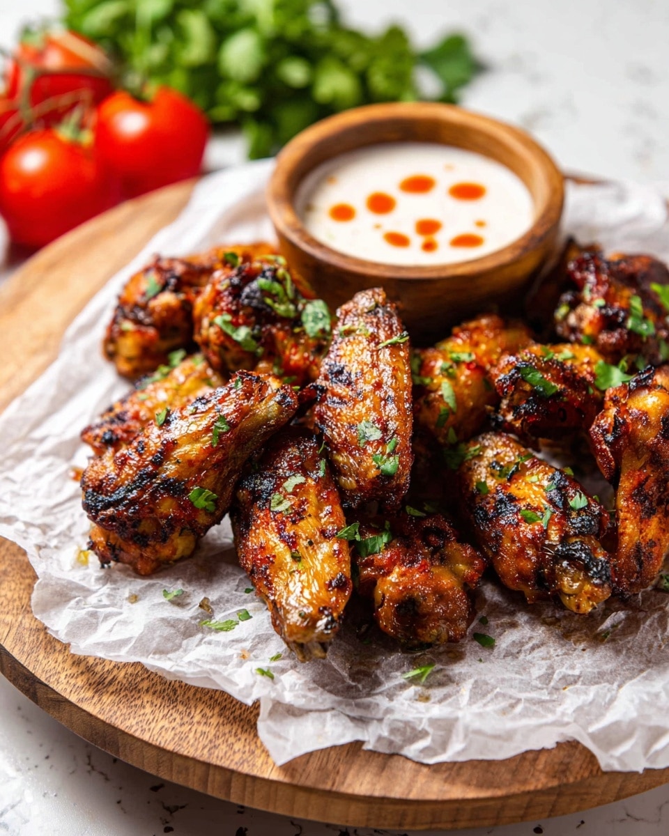 The image shows a round wooden board with white paper on it holding about a dozen grilled chicken wings. The wings are dark golden brown with char marks and sprinkled with small pieces of green herbs. On the board, near the wings, is a small round wooden bowl filled with creamy white sauce topped with a sprinkle of orange spice. The board sits on a white marbled surface with fresh red tomatoes, green leafy herbs, and a gray striped cloth nearby, creating a fresh and rustic look. Photo taken with an iphone --ar 4:5 --v 7