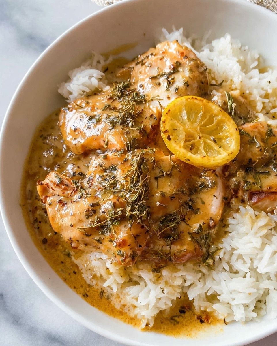 The white bowl holds a dish with three main layers. The bottom layer is a bed of fluffy white rice. On top of the rice sits two pieces of cooked chicken covered with a thick light brown sauce that has herbs sprinkled on it and a round slice of lemon resting on one piece of chicken. The top left part of the bowl has a portion of green beans mixed with small bits of bacon. The bowl is placed on a white marbled surface with a simple light gray cloth to the side. photo taken with an iphone --ar 4:5 --v 7