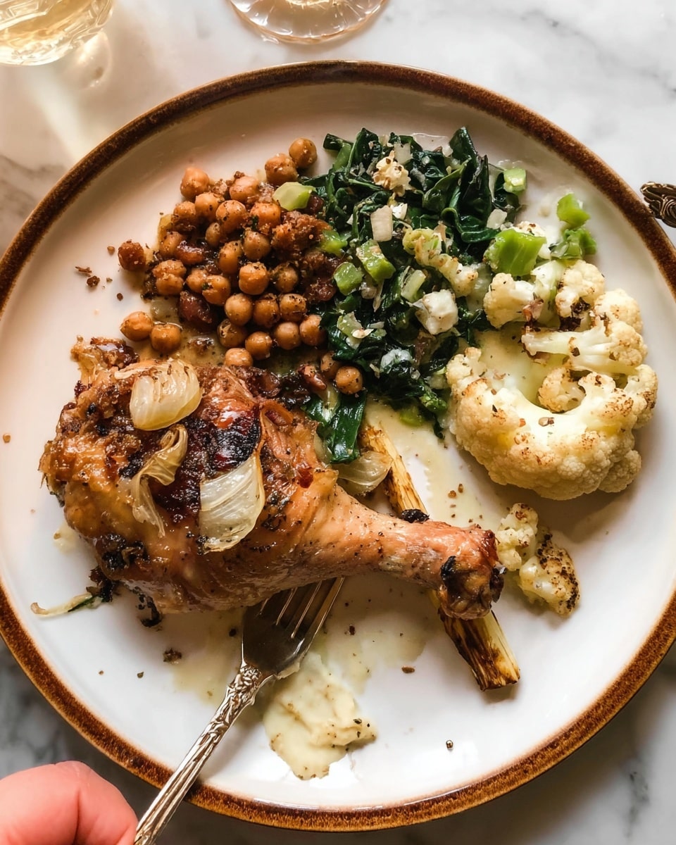 On a white plate with a brown rim set on a white marbled surface, there is a meal with several items. In the center left, a roasted chicken leg shows a golden-brown skin with visible herbs and small pieces of cooked onion on top. Above it, there is a small pile of browned chickpeas mixed with some white cheese chunks and browned small bits. To the upper right, a chopped green vegetable mix has a soft texture and light sauce. Below the chicken, sautéed dark green leafy vegetables glisten with a creamy sauce. On the lower left, a browned, creamy baked cauliflower dish sits with a golden crust on top. To the right edge of the plate, there is a single roasted parsnip piece, browned on the color and showing a soft texture. A woman's hand is holding a fork on the left edge of the image with part of a glass visible above. The photo taken with an iphone --ar 4:5 --v 7