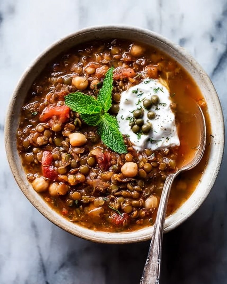 A white bowl filled with thick lentil soup that has visible layers of brown lentils, light beige chickpeas, and small pieces of soft red tomatoes. The soup looks rich with a broth that has a warm reddish-brown color. On top, there is a dollop of white cream with small green capers scattered over it and a sprig of fresh green mint leaves placed beside the cream. A metal spoon is resting on the right edge of the bowl, which is set on a white marbled surface. Photo taken with an iphone --ar 4:5 --v 7