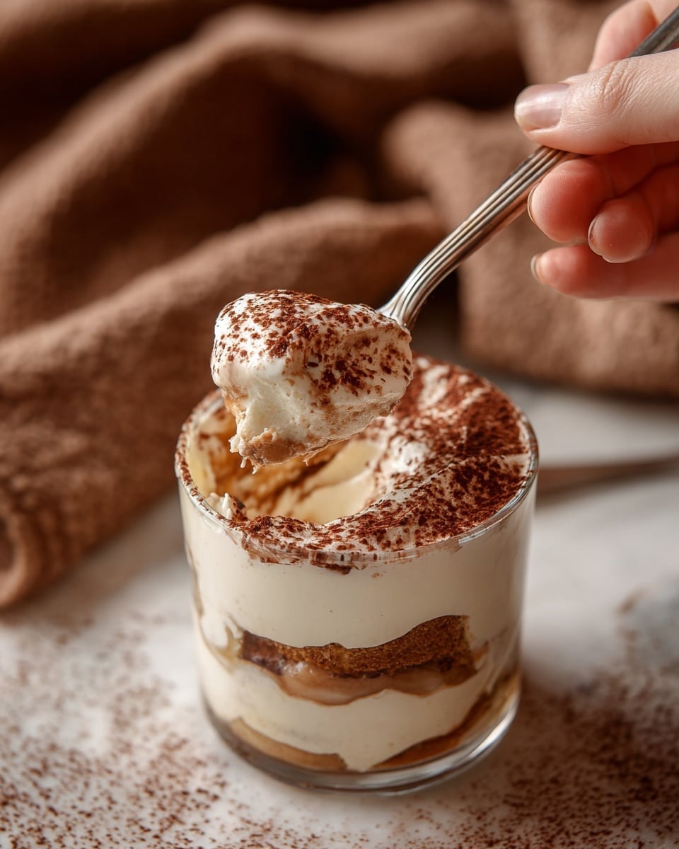 The image shows a clear glass filled with a layered dessert. The bottom layer looks soft and brown, possibly soaked cake or biscuit. The middle layers alternate with thick creamy white layers that are smooth and fluffy. The top is covered with more creamy white layer dusted with fine brown powder, likely cocoa. A spoon is lifting a scoop of the dessert, showing the creamy texture and some of the brown layer beneath. The scene has a warm, cozy feel with a soft brown fabric in the background over a white marbled surface. A woman's hand holds the spoon gently. photo taken with an iphone --ar 4:5 --v 7