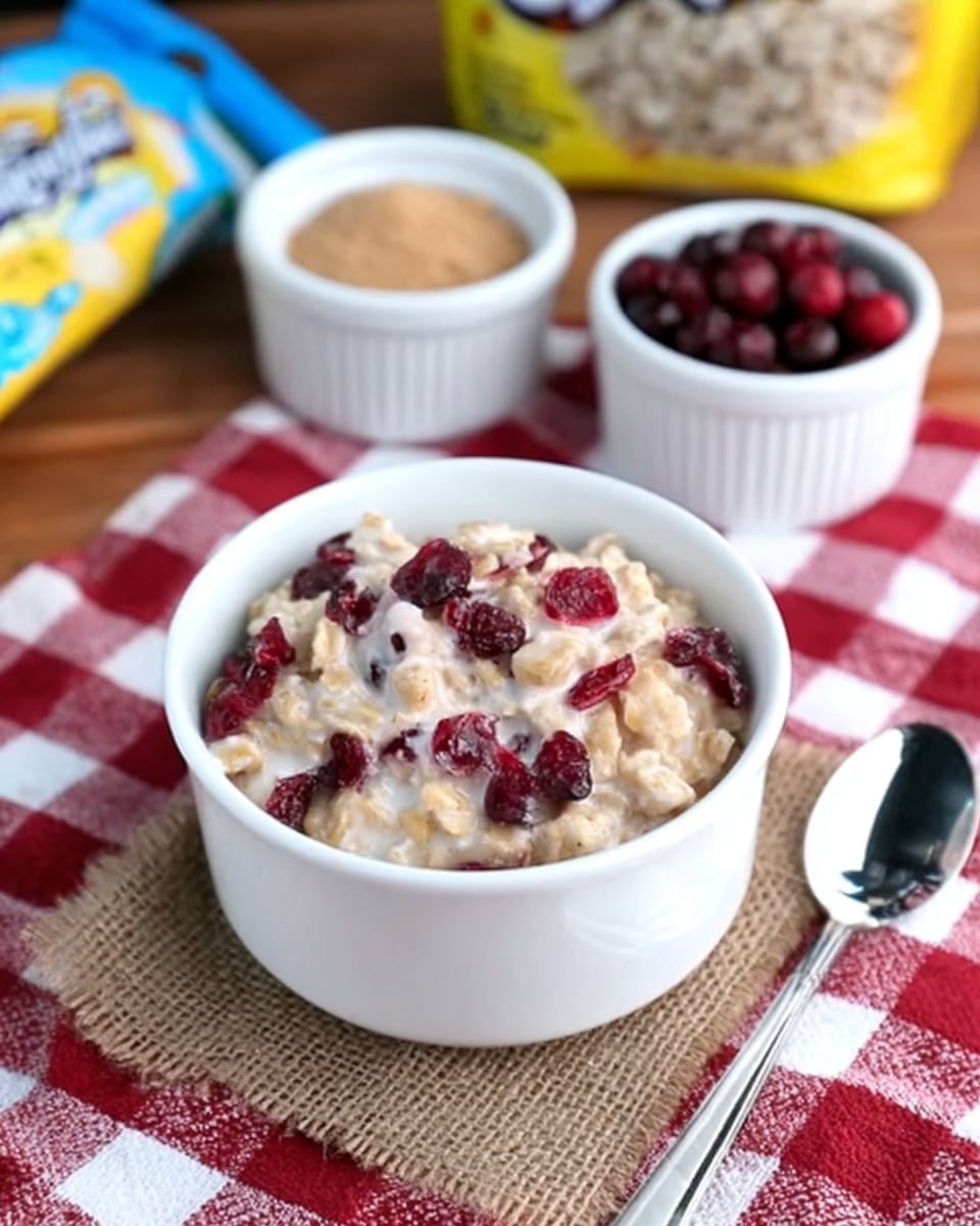 A white bowl with a handle holds a creamy oatmeal mix filled with small chunks of light beige apples and red cranberries scattered on top and throughout. The bowl sits on a piece of rough tan fabric on a red and white checkered cloth. Next to the bowl on the right side is a silver spoon. In the background are blurred white ramekins filled with cranberries and brown sugar, and a red apple holder with apples. The scene is set on a white marbled surface. photo taken with an iphone --ar 4:5 --v 7