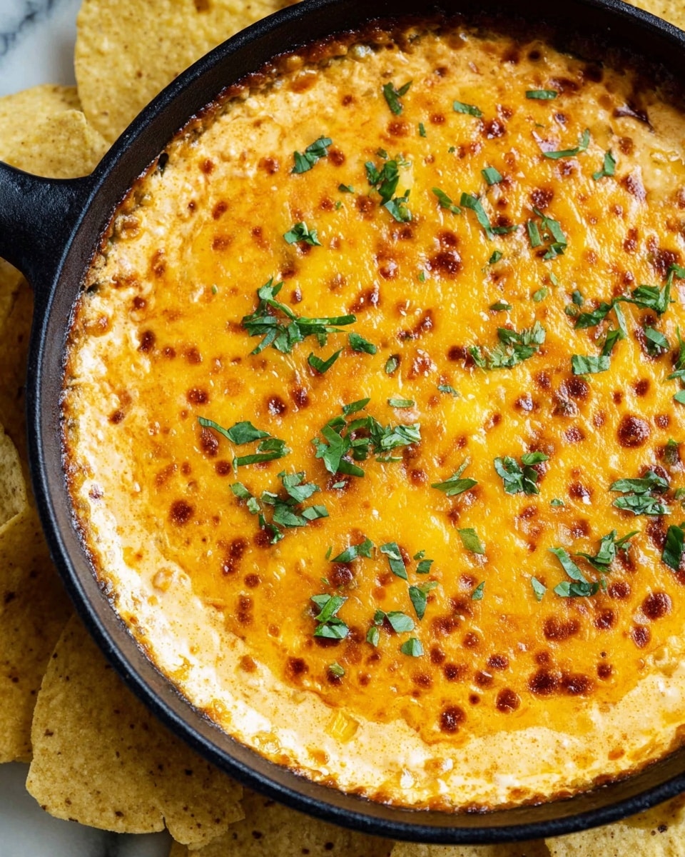 A close-up view of a skillet filled with a thick, creamy dip that has two main layers: the bottom layer is orange and appears smooth with some texture from ingredients mixed in, and the top layer is a melted, golden-yellow cheese with small browned spots, giving it a bubbly, slightly toasted look. Scattered in small amounts over the cheese are bits of fresh green herbs, adding a pop of color. The skillet is black, and around it are light yellow tortilla chips. The background shows a white marbled surface. photo taken with an iphone --ar 4:5 --v 7