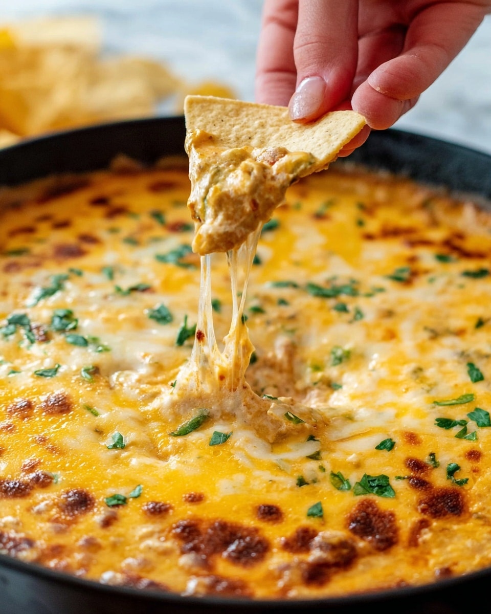 A close-up of a thick, creamy dip in a black pan that looks golden yellow with browned spots on the surface. The top layer is melted, stretchy cheese with small green herb pieces scattered over it. A woman's hand is lifting a triangular, light beige chip covered in the creamy cheese and dip mix, with cheese strings stretching between the chip and the pan. The background is a white marbled texture. photo taken with an iphone --ar 4:5 --v 7
