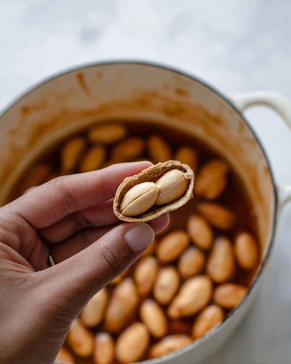 A close-up of a woman's hand holding an open peanut shell with two light beige peanuts inside, showing smooth texture, in front of a white pot filled with many whole peanuts in brown liquid. The white pot has brown stains near the rim, with a slightly worn look, placed on a white marbled surface. The background is softly blurred to keep focus on the woman's hand and the peanut shell photo taken with an iphone --ar 4:5 --v 7