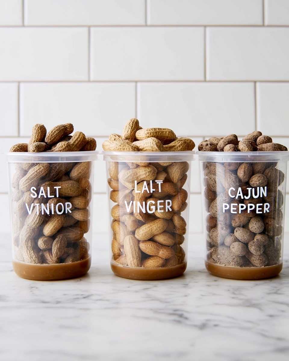 Three clear plastic containers filled with boiled peanuts sit side by side on a white marbled surface in front of a wall with white tiles. Each container is filled with two layers: a brownish, slightly wet layer of liquid at the bottom, and a layer of light to dark tan boiled peanuts on top. The peanuts in the left container are labeled