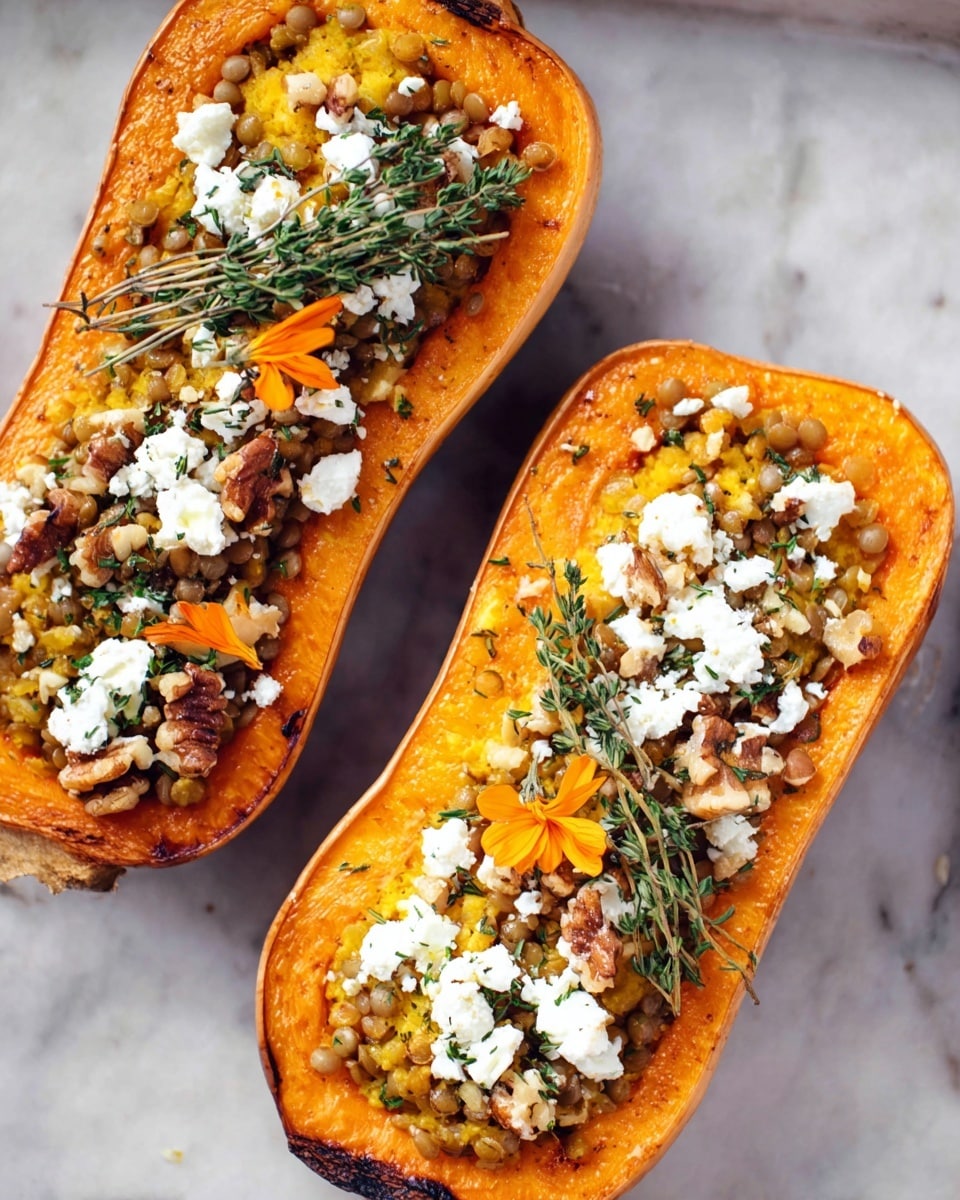Two halves of roasted butternut squash with a warm orange color and slightly browned edges, each filled with a layer of yellow lentils and topped with white crumbled cheese, light brown walnut pieces, small green thyme sprigs, and a few thin bright orange flower petals scattered on top. The two squash halves rest on a white marbled surface. photo taken with an iphone --ar 4:5 --v 7