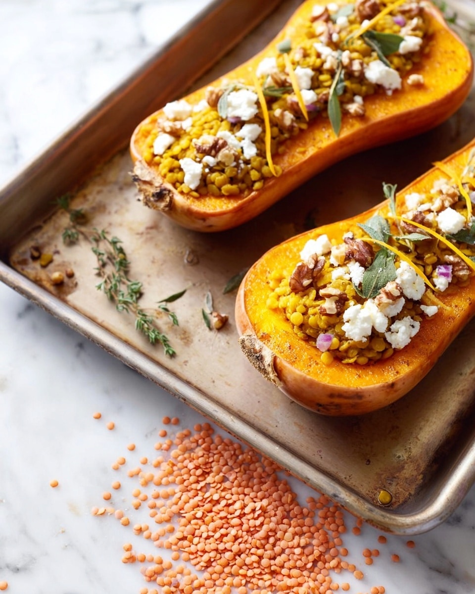 Two halves of roasted butternut squash sit on a metal baking tray with a light brown surface on a white marbled table. Each half has three layers: the bottom layer is the orange roasted squash, the middle layer is a yellow lentil filling with a grainy texture, and the top layer includes white crumbled cheese, small pieces of walnut, thin orange strips, and sprigs of green herbs. Below the tray on the white marbled surface, there is a scatter of loose red lentils. Photo taken with an iphone --ar 4:5 --v 7