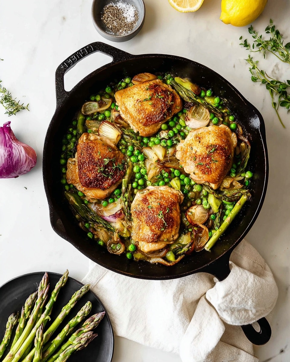 The image shows a black cooking pan filled with four pieces of cooked chicken thighs with golden-brown crispy skin on top. Underneath and around the chicken, there is a colorful mix of green peas, pale yellow zucchini slices, wilted green asparagus, and browned shallots all mixed together. The cooked vegetables and chicken fill the pan evenly, creating a textured and vibrant dish on a white marbled surface. photo taken with an iphone --ar 4:5 --v 7