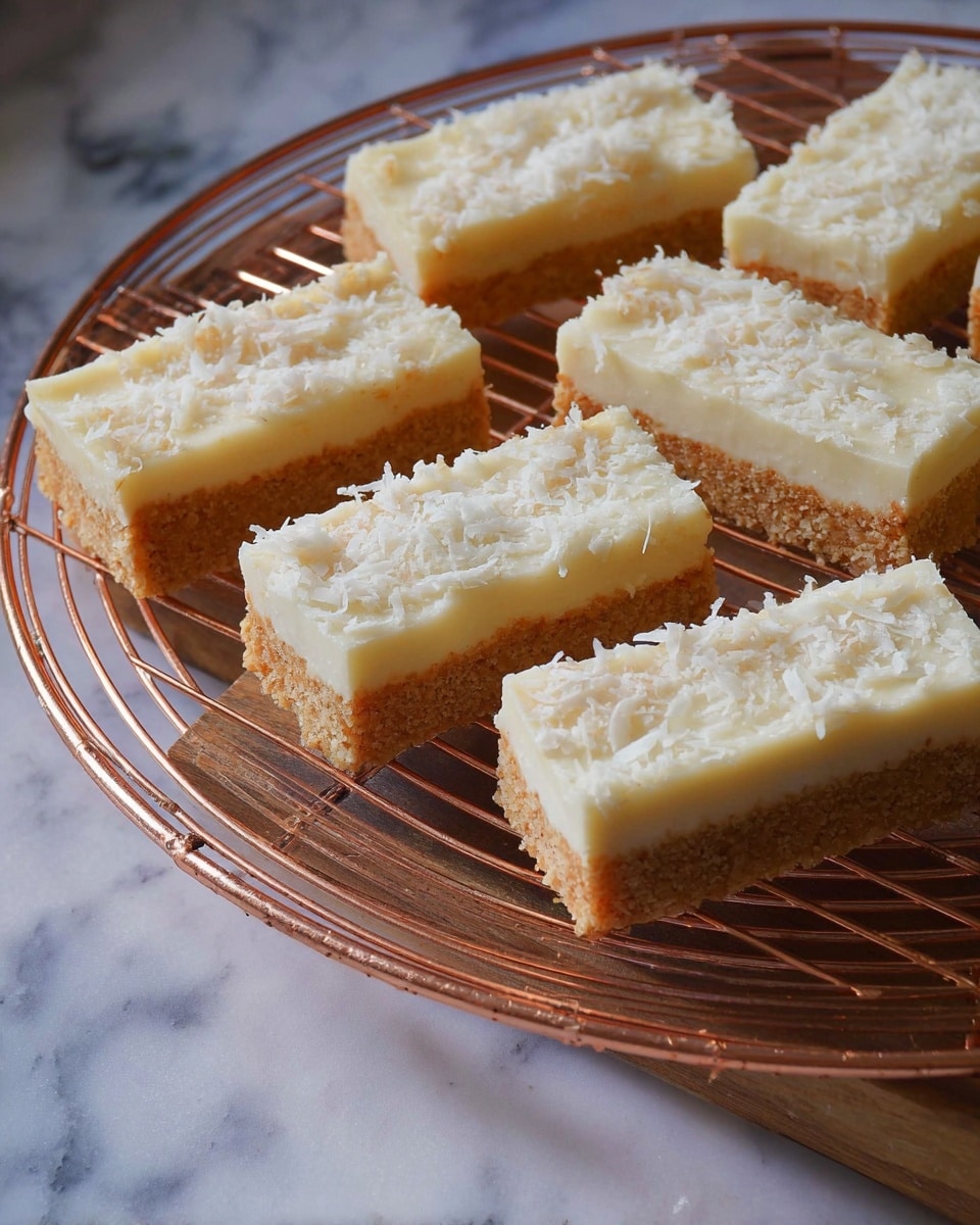 The image shows six rectangular dessert bars arranged on a round copper cooling rack placed on a white marbled surface. Each bar has two clear layers: the bottom layer is light brown with a rough, crumbly texture, while the top layer is off-white, smooth, and creamy, sprinkled generously with fine white flakes on the surface. The bars are neatly cut into equal sizes, and the lighting highlights the soft and crumbly texture of the bottom layer contrasted with the smooth upper layer. Photo taken with an iphone --ar 4:5 --v 7