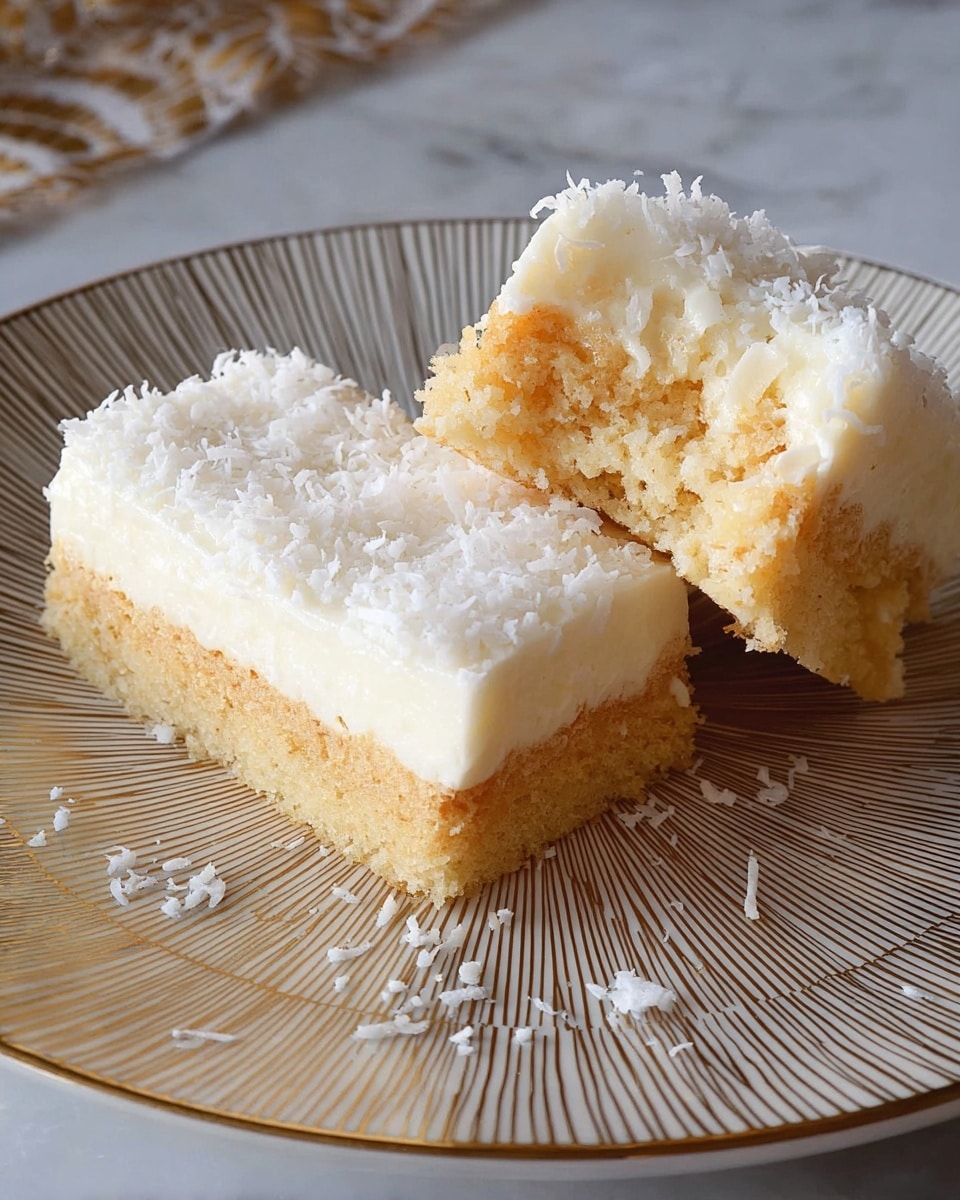 Two rectangular pieces of a layered dessert sit on a white plate with gold radial lines. Each piece has two layers: a bottom layer of soft, light tan cake and a thick top layer of smooth, white cream covered with fine white coconut flakes. One piece is whole while the other is partially eaten, showing the fluffy texture of the cream and crumbly inside of the cake. Some coconut flakes are scattered on the plate next to the pieces. The plate rests on a white marbled surface. Photo taken with an iphone --ar 4:5 --v 7