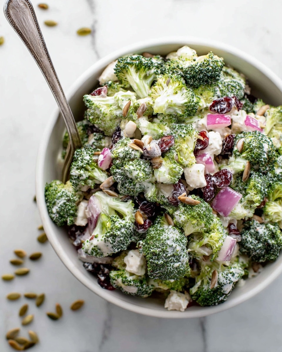 A white bowl filled with a broccoli salad showing three main layers: the base layer is fresh green broccoli florets with a rough bumpy texture, scattered throughout are chunks of white creamy cottage cheese, and bright pink pieces of chopped red onion layered on top. There are also dark red dried cranberries and light brown sunflower seeds mixed evenly into the salad. The salad is lightly coated with a white creamy dressing. A silver fork is partially stuck in the salad on the left side of the bowl. The scene is set on a white marbled surface with small scattered sunflower seeds around. Photo taken with an iphone --ar 4:5 --v 7