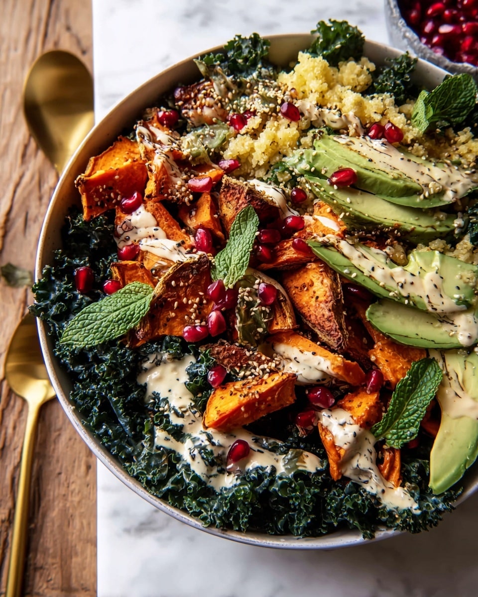 A white bowl filled with multiple layers of food sits on a white marbled surface. The bottom layer has dark green kale leaves spread around. On top of the kale, there are bright orange roasted sweet potato pieces scattered unevenly. Light yellow grains or small pasta pieces are sprinkled throughout the bowl. Thin slices of light green avocado are placed near the sweet potatoes, some with sesame seeds on them. Bright red pomegranate seeds add small pops of color across the dish. Creamy, light beige sauce is drizzled over the sweet potatoes, kale, and avocado. A few fresh green mint leaves sit on the edge of the bowl, beside two gold-colored spoons. photo taken with an iphone --ar 4:5 --v 7