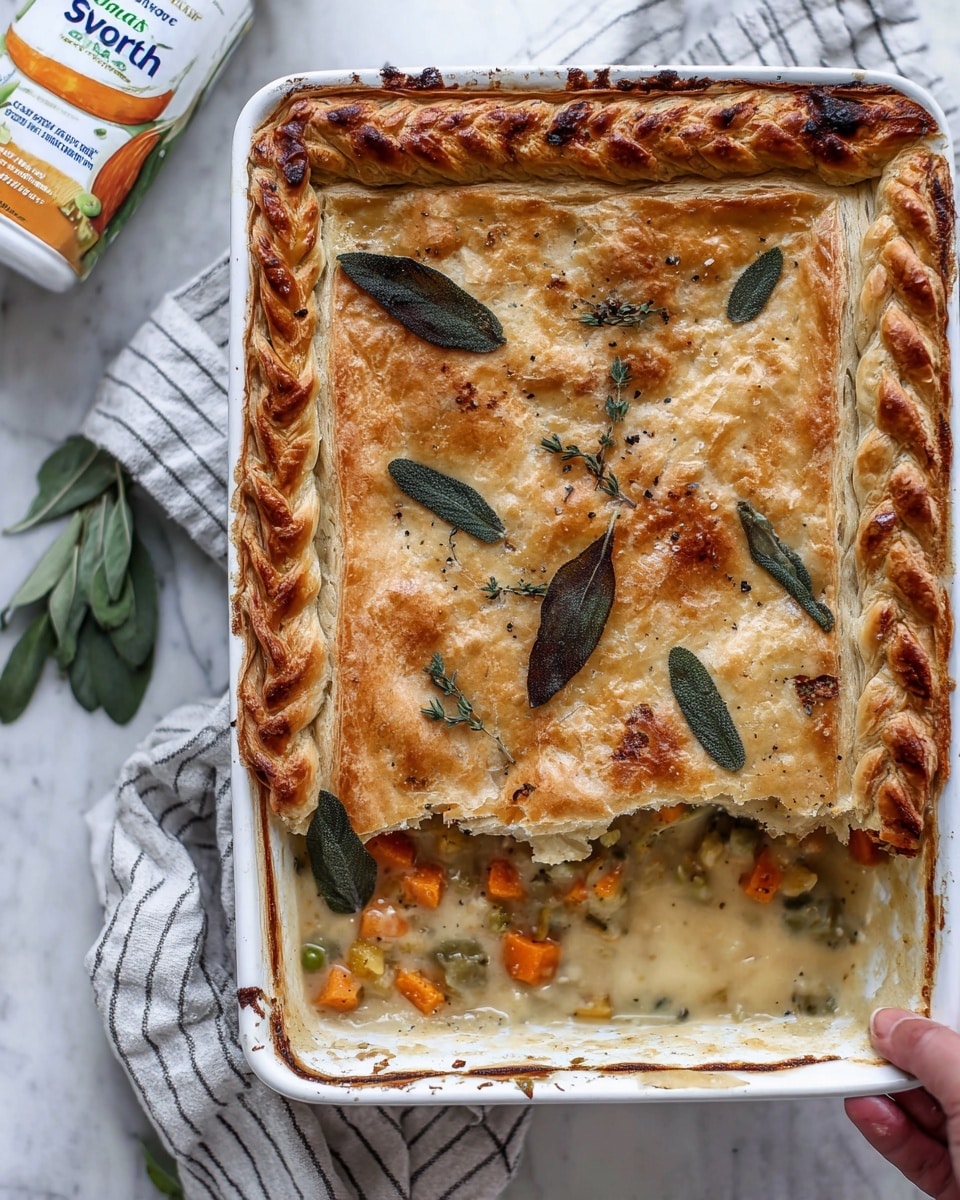 A white rectangular baking dish filled with a golden-brown pie crust that has a braided edge on the top and right sides, topped with fresh green sage leaves scattered across the surface. The crust has a crispy texture with some darker baked spots along the edges. A section in the bottom right corner is missing, revealing a creamy filling with visible chunks of orange sweet potato, small pieces of carrot, and herbs, all mixed in a thick sauce with black pepper specks. The dish rests on a white marbled surface with a striped cloth napkin underneath, and a woman’s hand is holding a piece of the crust on the right side. Photo taken with an iphone --ar 4:5 --v 7