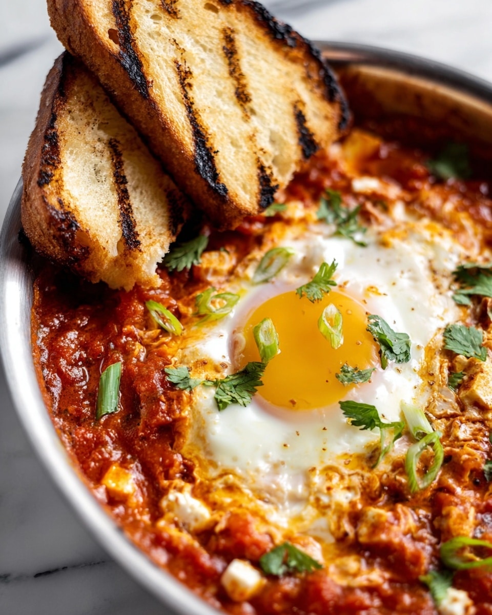 A white pan holds a dish with three main visible layers: the bottom layer is a chunky red tomato-based sauce mixed with some green herbs and small bits of cheese or tofu; on top, there is a bright yellow sunny-side-up egg with a smooth white surrounding the yolk. The egg is garnished with green onion slices and small cilantro leaves. At the back of the pan, two pieces of toasted white bread with dark grill marks lean against the edge, showing a soft inside and slightly crispy outside. The pan rests on a white marbled surface. photo taken with an iphone --ar 4:5 --v 7