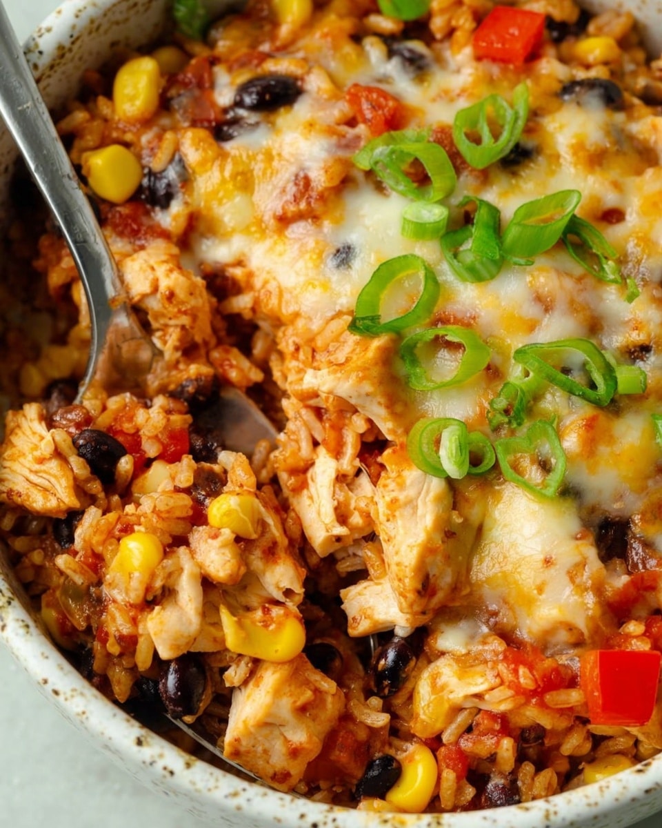 The image shows a close-up view of a dish in a white marbled bowl, featuring several layers mixed together. The base layer consists of cooked rice with black beans and yellow corn scattered throughout. On top of this, there are chunks of cooked chicken mixed with diced red and yellow bell peppers adding bright red and orange color spots. A layer of melted cheese covers parts of the mixture with a golden, bubbly texture. Fresh green onion slices are sprinkled over the top, adding a fresh green contrast. A metal spoon is partially buried in the dish, ready for serving. photo taken with an iphone --ar 4:5 --v 7