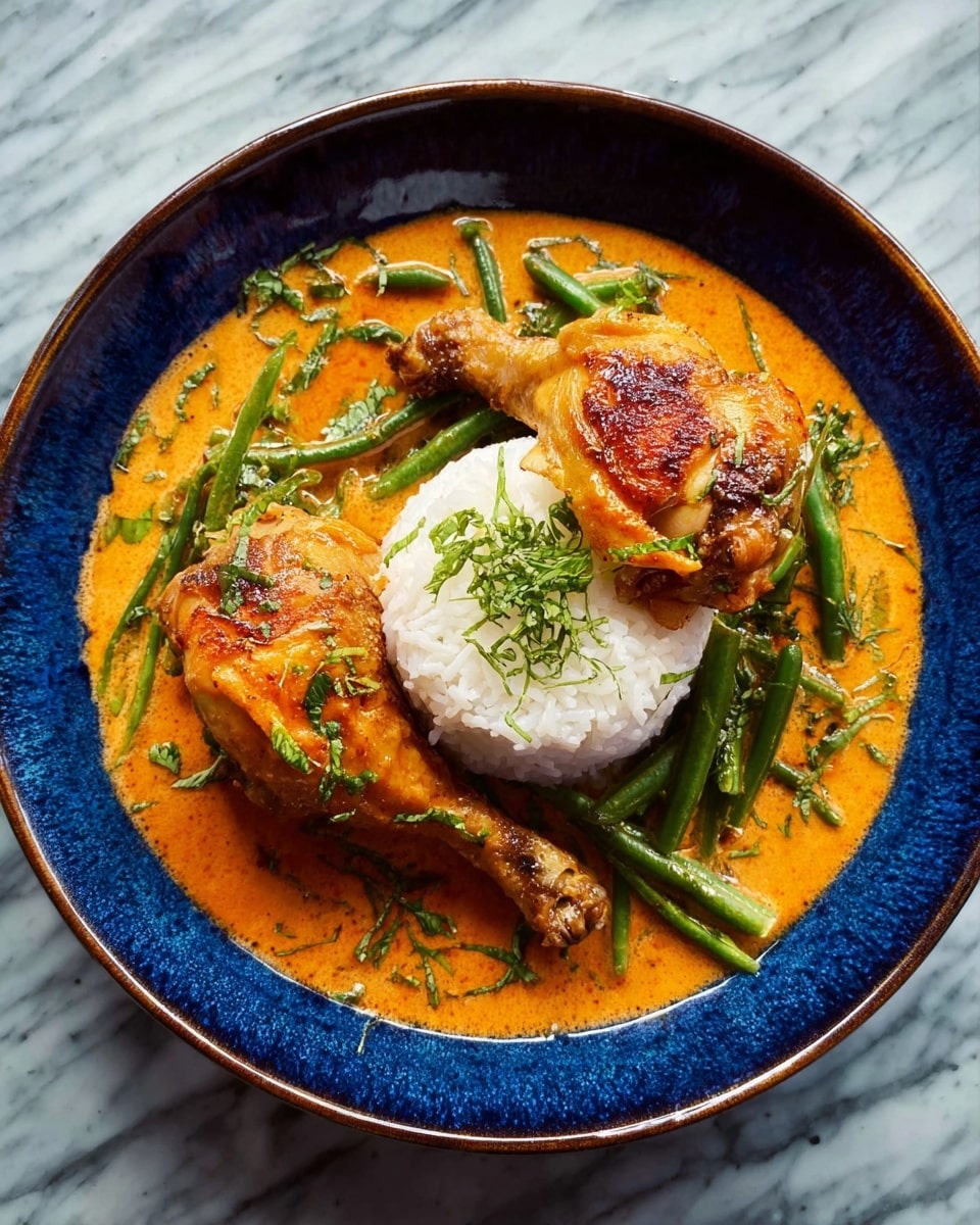 A deep blue ceramic bowl holds a round mound of white rice placed at the center. On top of the rice are two golden-brown cooked chicken pieces, one shaped like a drumstick and the other resembling a thigh. Surrounding the rice and chicken is an orange creamy sauce that fills the base of the bowl. Scattered in the sauce are green string beans and fresh chopped green herbs adding texture and color. The bowl sits on a white marbled surface. Photo taken with an iphone --ar 4:5 --v 7
