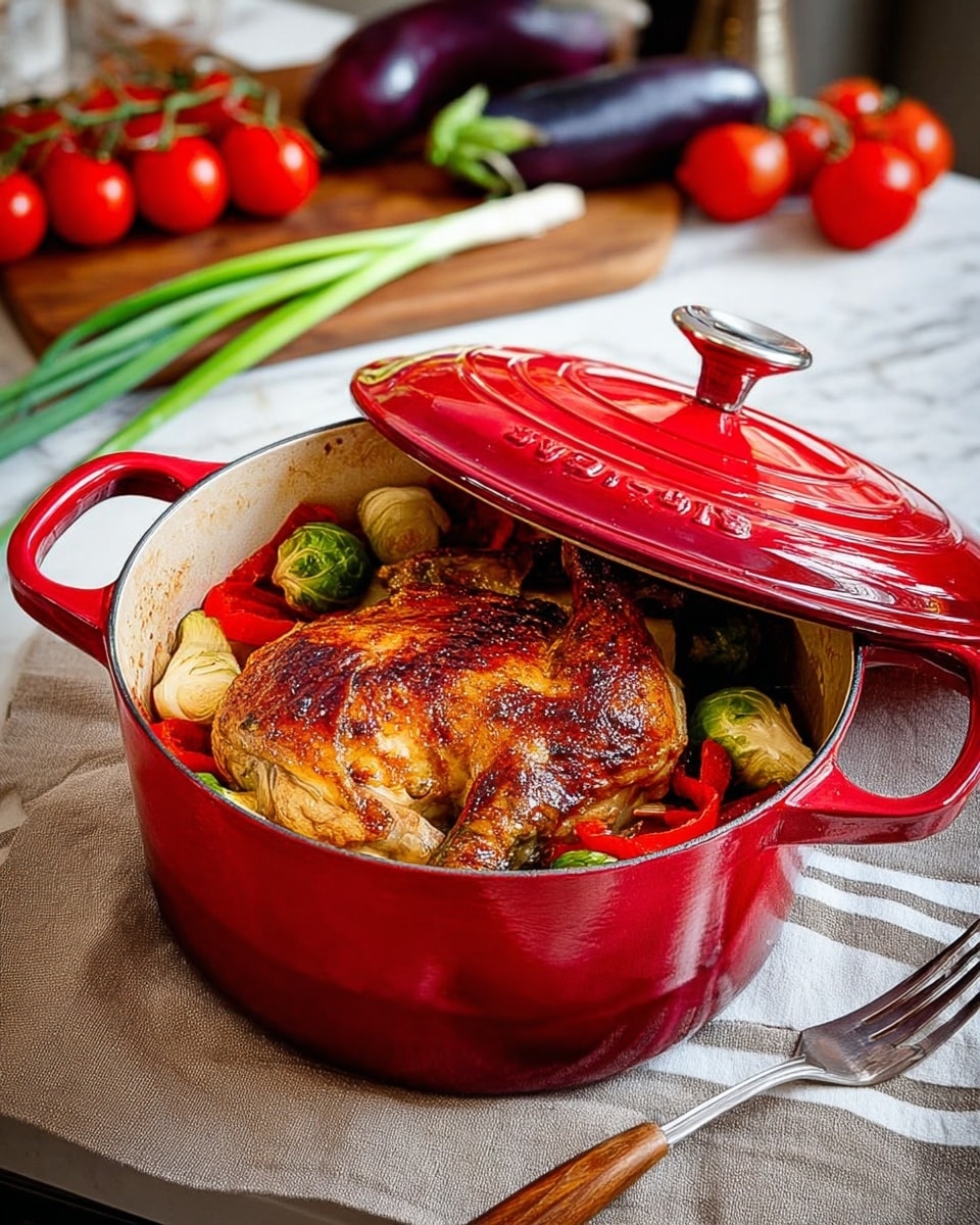 A red round pot is partially open showing one layer of cooked golden brown chicken with crispy skin inside. Around the chicken, there are colorful vegetables including a small green Brussels sprout, red bell peppers, and light yellow onions. The pot is on a beige cloth with white stripes, and a wooden fork rests next to it on the cloth. In the background, there is a white marbled counter with two light green onions, a purple eggplant, a bunch of red cherry tomatoes on the vine, and a wooden cutting board. photo taken with an iphone --ar 4:5 --v 7