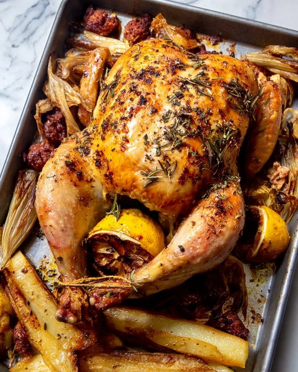 A whole roasted chicken sits in the center of a metal tray, its skin golden brown with crispy spots and seasoned with herbs. The chicken is tied at the legs and stuffed with roasted lemon halves that have a slightly charred edge. Around the chicken, there are roasted root vegetables like parsnips and small chunks of browned sausage scattered on the tray. The texture of the chicken skin looks shiny and crisp, while the vegetables have a soft, cooked look with slightly burnt edges. The background is a white marbled surface. photo taken with an iphone --ar 4:5 --v 7