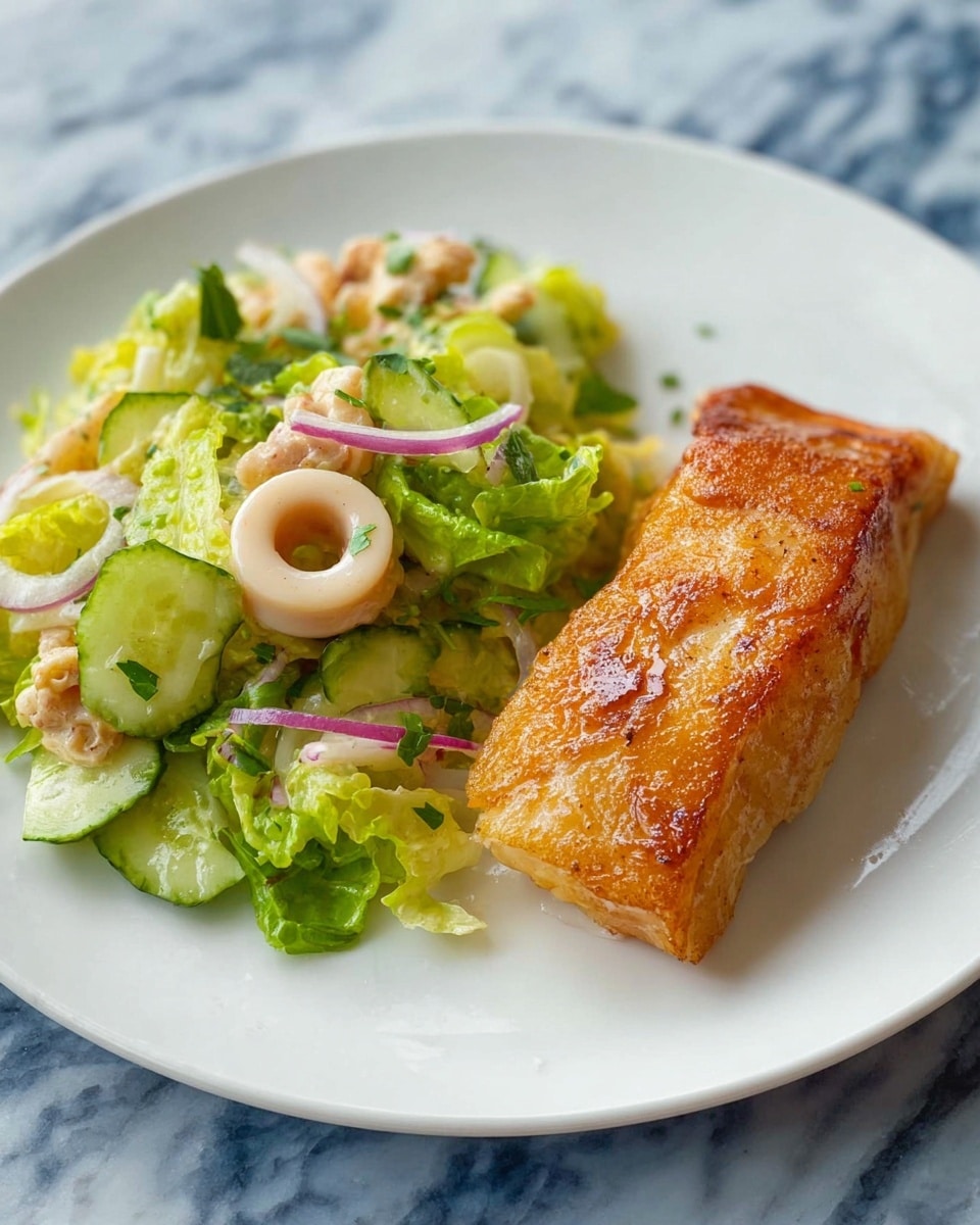A white plate holds a piece of golden-brown cooked fish fillet on the right side, with a crispy texture and a slight shine from cooking juices. On the left side, there is a fresh salad made of layers including bright green lettuce, pale green cucumber chunks, creamy white rings of a vegetable or seafood, and thin slices of purple-red onion. The salad layers appear mixed and fresh with some chopped herbs sprinkled on top. The plate sits on a white marbled surface. photo taken with an iphone --ar 4:5 --v 7