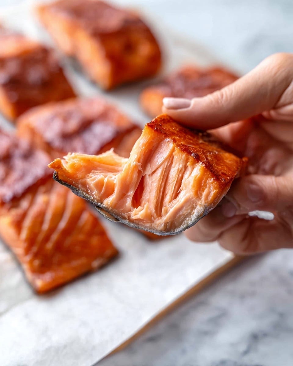 A close-up image shows a piece of cooked salmon held by a woman's hand, highlighting its layered texture. The top layer has a shiny, crisp reddish-brown skin, beneath which lies a firm pinkish-orange fish flesh with visible fat lines and soft flakes. The center shows a darker grayish bone section separating the layers. In the background, more similar salmon pieces rest on white parchment, all placed on a surface with a white marbled texture. photo taken with an iphone --ar 4:5 --v 7