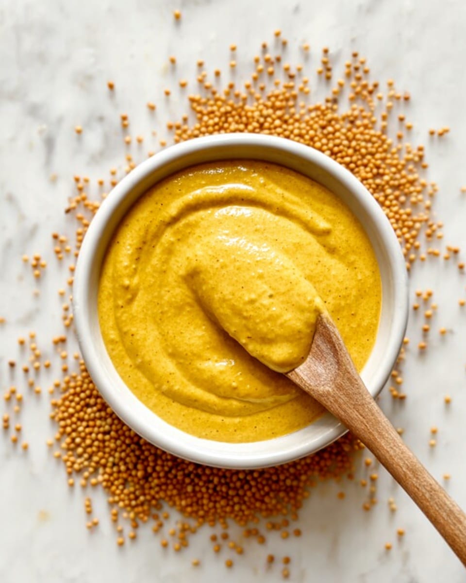 A small white bowl filled with thick, smooth yellow mustard sauce with a slightly grainy texture. The bowl is placed on a white marbled surface scattered with mustard seeds around it. A wooden spoon with a rounded handle is dipped into the mustard on the right side of the bowl. Photo taken with an iphone --ar 4:5 --v 7