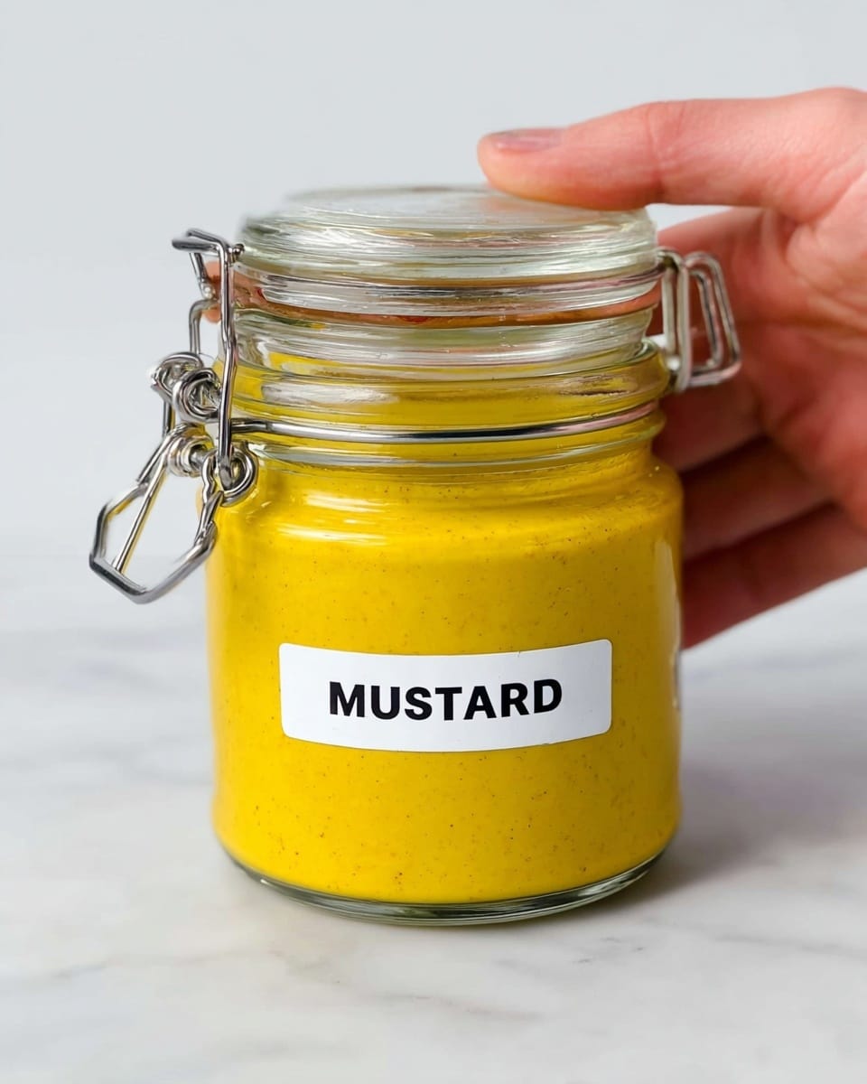 A small glass jar filled with bright yellow mustard, with a smooth texture visible through the glass. The jar has a metal clasp lock and a clear glass lid. A white label with the word