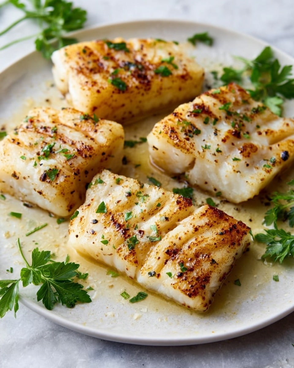 A white plate holds four pieces of cooked white fish fillets with golden brown char marks. Each piece shows flaky texture with light grill lines and is lightly sprinkled with small green parsley leaves. The plate sits on a white marbled surface with a few fresh green parsley sprigs placed nearby. The light sauce around the fish adds a slight gloss to the fillets. Photo taken with an iphone --ar 4:5 --v 7
