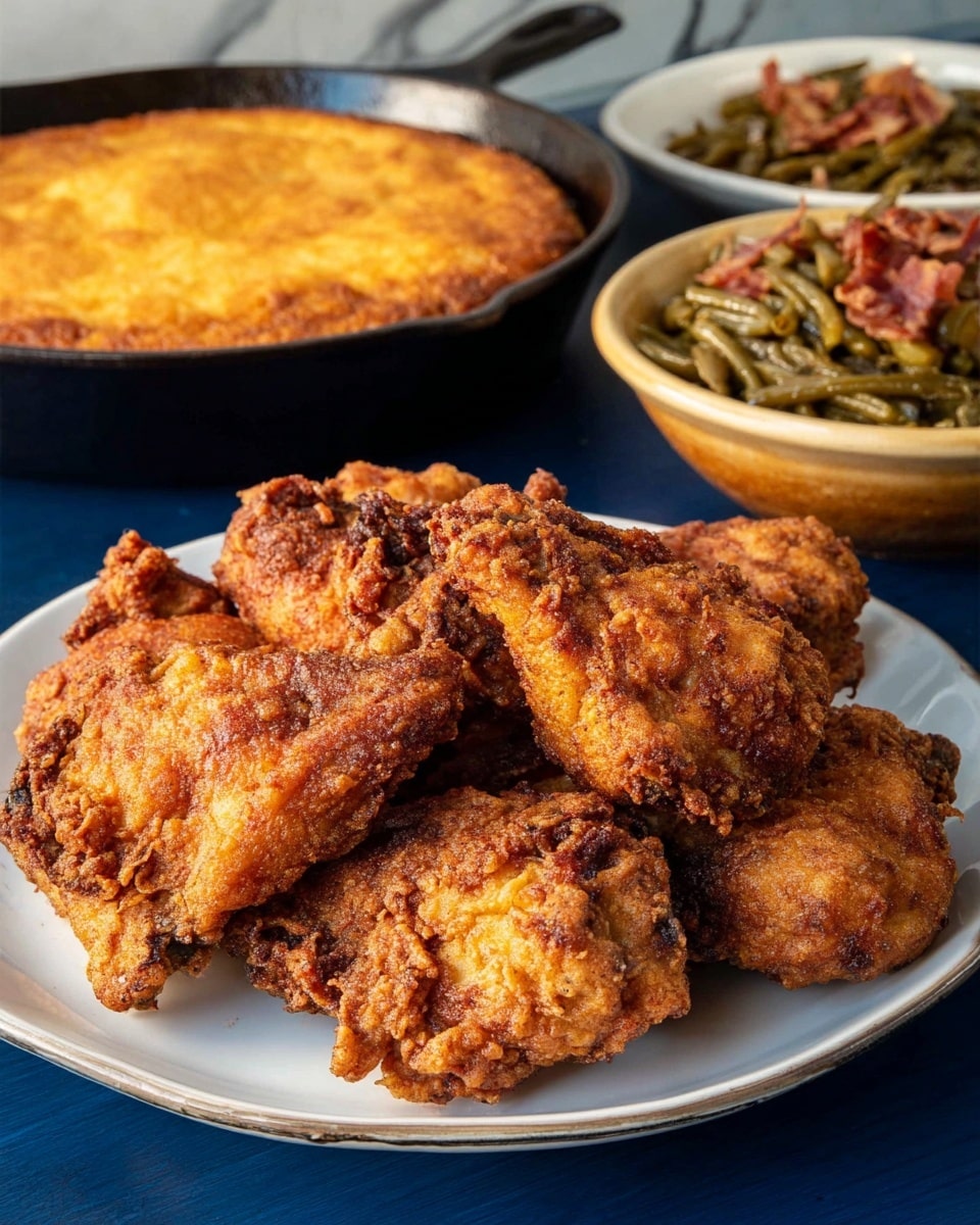 A white plate filled with several pieces of golden brown fried chicken showing a crunchy and slightly uneven textured crust, stacked closely together. Behind the plate is a black cast iron skillet containing a baked dish with a smooth, golden top layer. To the right, there is a tan bowl filled with cooked green beans mixed with small pieces of bacon, showing a glossy texture. All items sit on a dark blue surface, with a white marbled background visible. photo taken with an iphone --ar 4:5 --v 7
