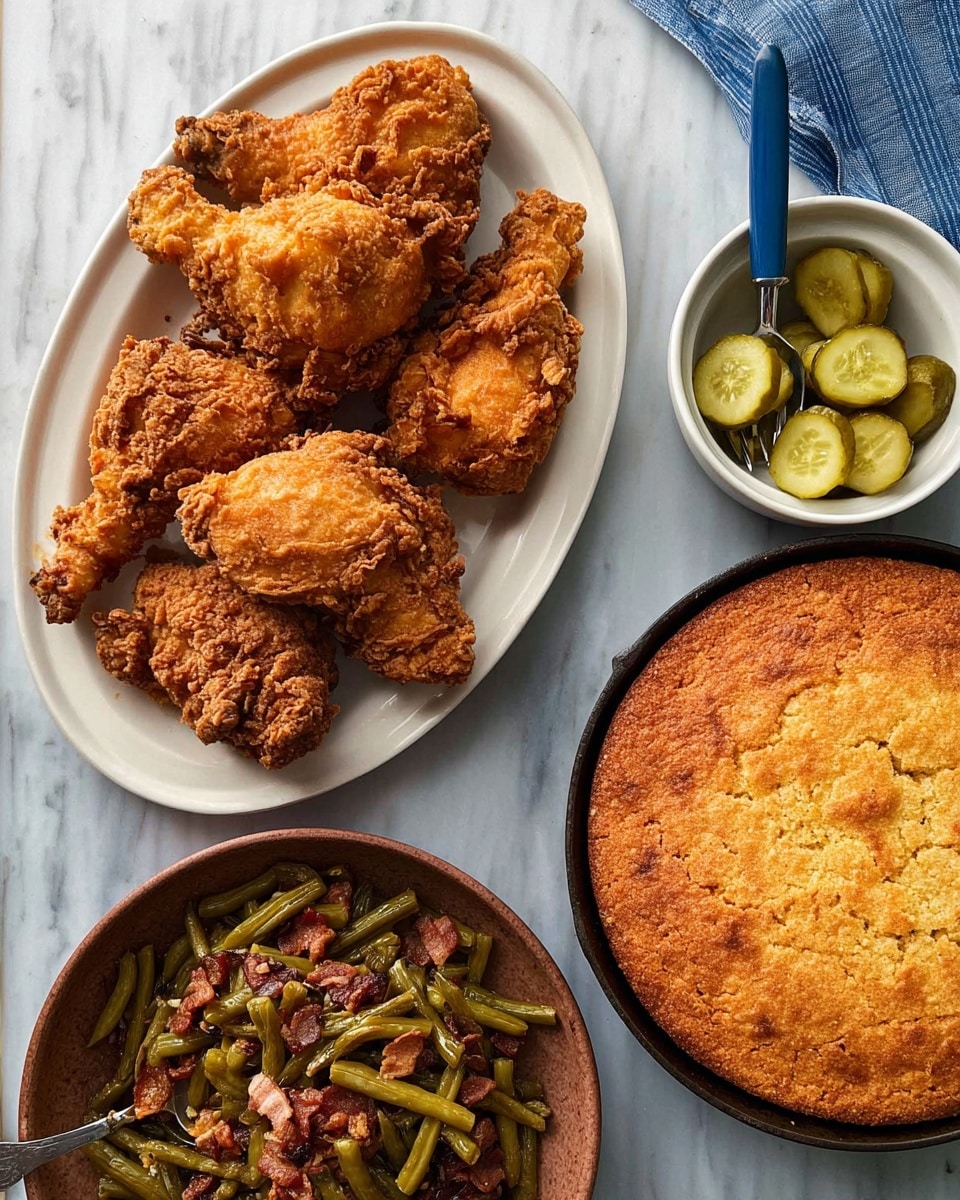 The image shows a white oval plate filled with six pieces of golden brown fried chicken with a crispy texture, placed on a white marbled surface. To the right, there is a small white bowl filled with round pickle slices, with a blue-handled spoon resting inside. Below the plate, a brown bowl contains cooked green beans mixed with small pieces of bacon, with a silver spoon inside. To the right of the green beans, there is a round skillet holding a large, browned cornbread with a slightly rough texture. The background is a white marbled surface. Photo taken with an iphone --ar 4:5 --v 7