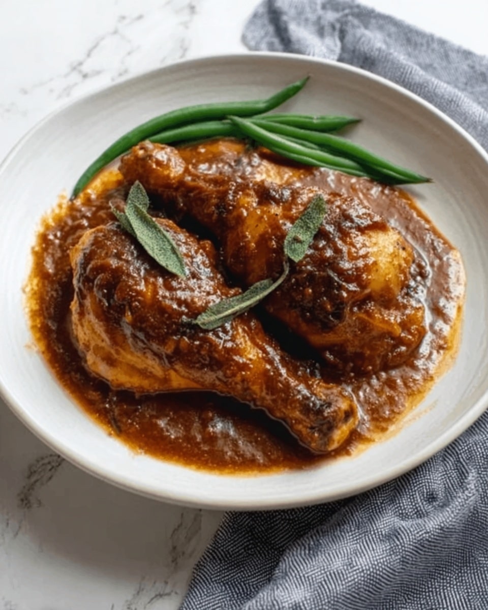 A white plate sits on a white marbled surface, holding two browned pieces of meat evenly spaced in the center. The meat is placed on a thick brown sauce that has chunks of onion and some dark green leaves scattered throughout. Additional green leaves garnish the top of the meat, adding contrast to the warm tones of the sauce and meat. The sauce spreads out to cover most of the plate beneath the meat, creating a rich, textured base. Photo taken with an iphone --ar 4:5 --v 7
