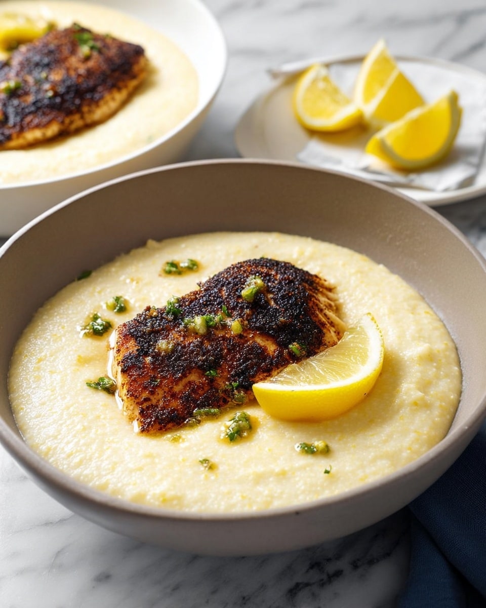 The dish shows one layer of creamy, light beige grits filling most of a deep white bowl with a smooth texture. On top of the grits, near the right edge, is a piece of browned, crispy fish with dark grill marks, slightly curved and sprinkled with small green parsley pieces. At the front of the bowl, resting on the grits, there is a bright yellow lemon wedge. The bowl is set on a white marbled surface, with a white plate holding another lemon wedge in the background and a small white dish with chopped parsley near the top right. A silver fork rests to the right of the bowl, and a white napkin is partly visible on the left. photo taken with an iphone --ar 4:5 --v 7