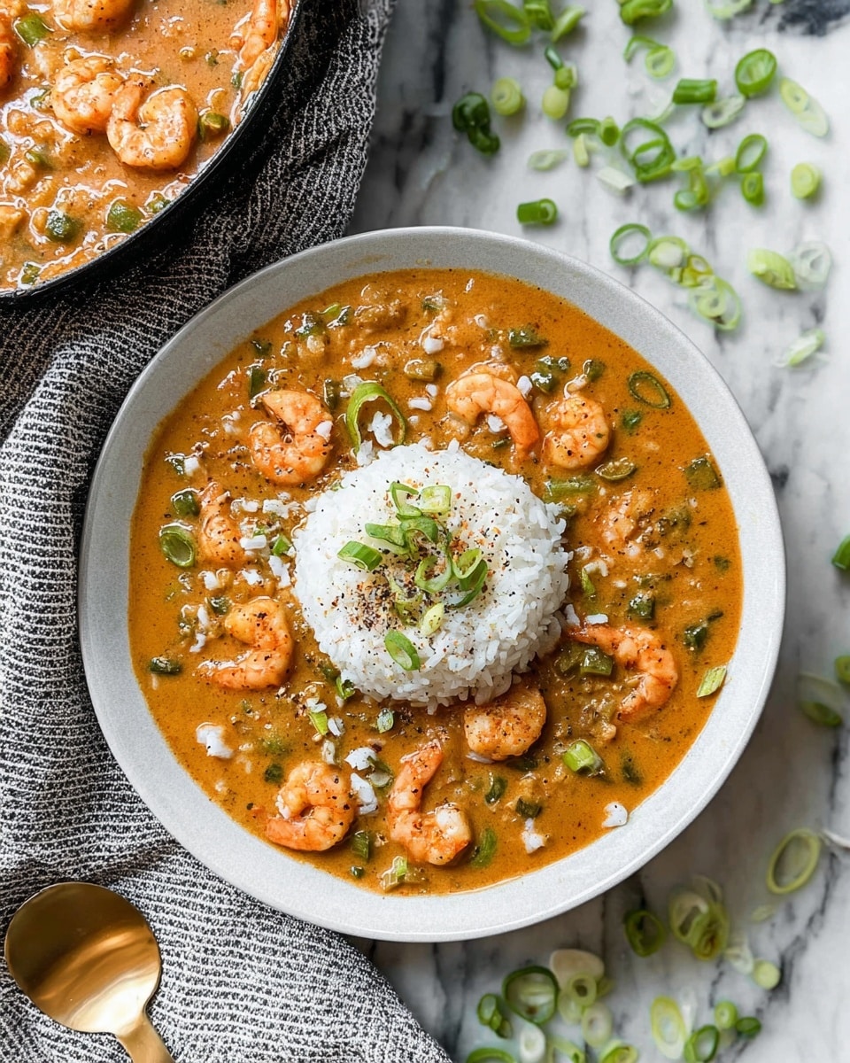 A white bowl filled with a creamy orange-brown stew that has many small pink shrimp and green vegetable pieces mixed in. In the middle of the stew sits a round mound of white rice topped with chopped green onions and a sprinkle of black pepper. Around the bowl, there are scattered sliced green onions on a white marbled surface. A black skillet with more of the stew inside is partly visible at the top left. A gray and white striped cloth and a gold spoon lie beside the bowl. Photo taken with an iphone --ar 4:5 --v 7