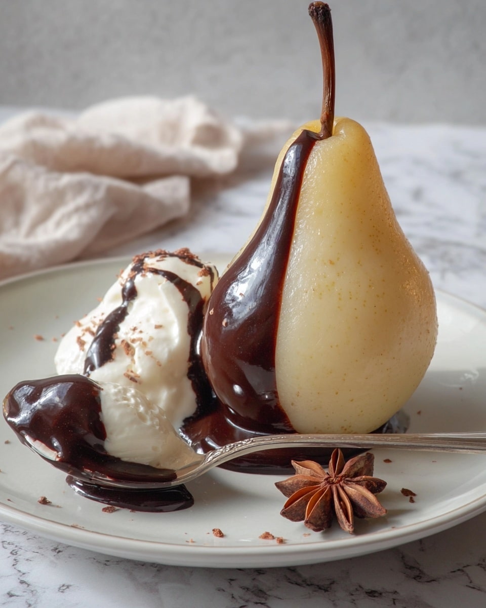 A white plate with a whole pear standing upright on the right side, light yellow with a smooth texture, covered partially on one side with glossy dark chocolate sauce flowing down from the top near the stem. To the left of the pear, there is a scoop of white cream with some dark chocolate sauce drizzled lightly on it. In front of the pear and cream is a spoon holding a piece of the pear with chocolate sauce and cream on it. On the plate near the pear, there is a brown star anise piece. The plate is placed on a white marbled surface. photo taken with an iphone --ar 4:5 --v 7