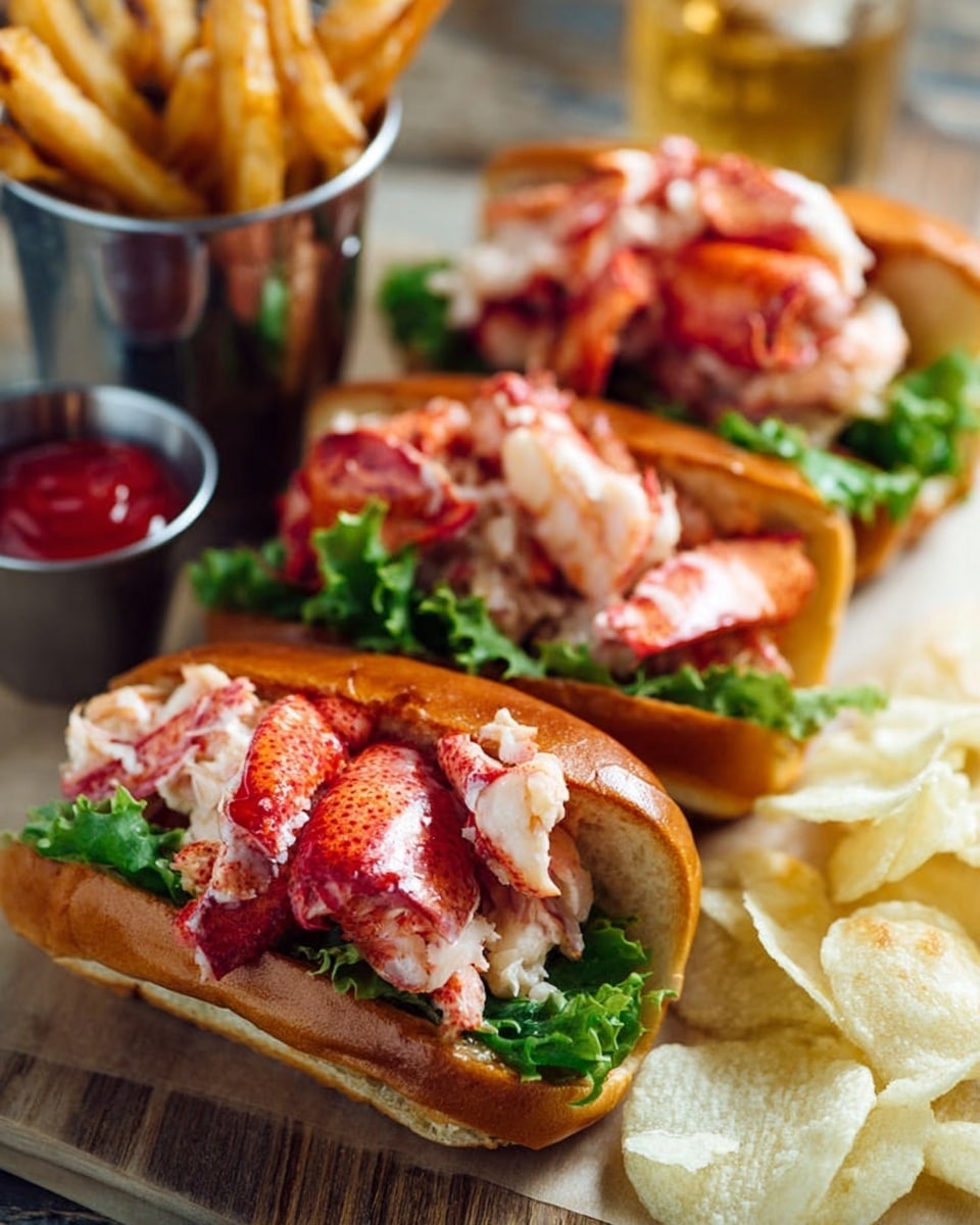 The image shows three lobster rolls arranged diagonally on a wooden table. Each roll has a toasted light brown bun filled with bright red and white lobster meat sitting on green leafy lettuce. To the left side, there is a small metal cup filled with bright red ketchup next to a silver metal cup holding long golden brown French fries. On the bottom right, some pale yellow potato chips scatter on the table. The background is softly blurred, focusing attention on the lobster rolls and sides. The scene is close up and well-lit. Photo taken with an iphone --ar 4:5 --v 7