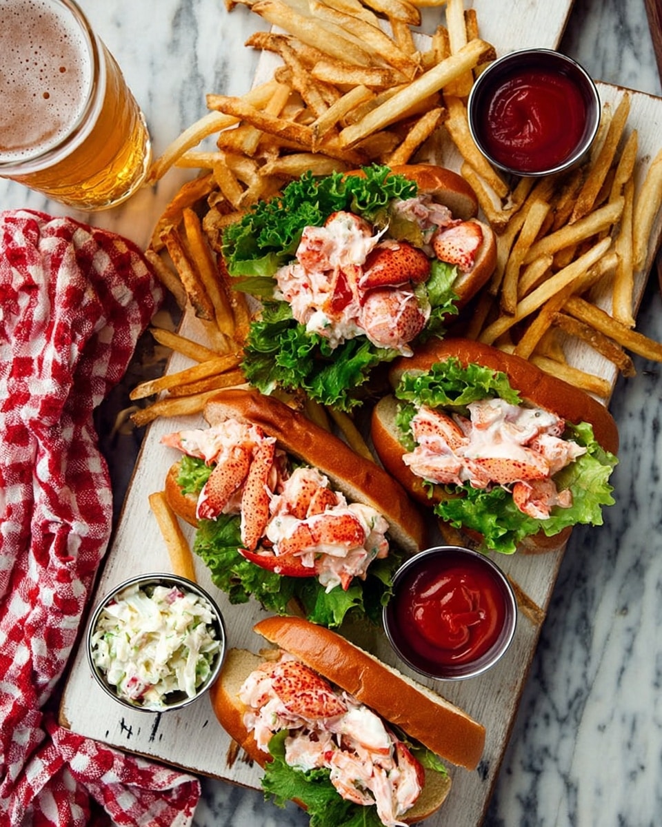 Four lobster rolls sit on a white wooden board, each held tightly in soft, golden-brown buns. Inside each bun is a bed of crisp green lettuce, topped with chunky, creamy pieces of lobster meat in shades of white and pinkish-red. Surrounding the rolls are crispy, golden French fries scattered unevenly, creating a textured frame. Three small silver cups filled with smooth red ketchup and two small silver cups filled with white creamy coleslaw sit among the fries. A tall glass of frothy amber beer stands at the upper left, next to a red and white checkered cloth on a white marbled surface photo taken with an iphone --ar 4:5 --v 7