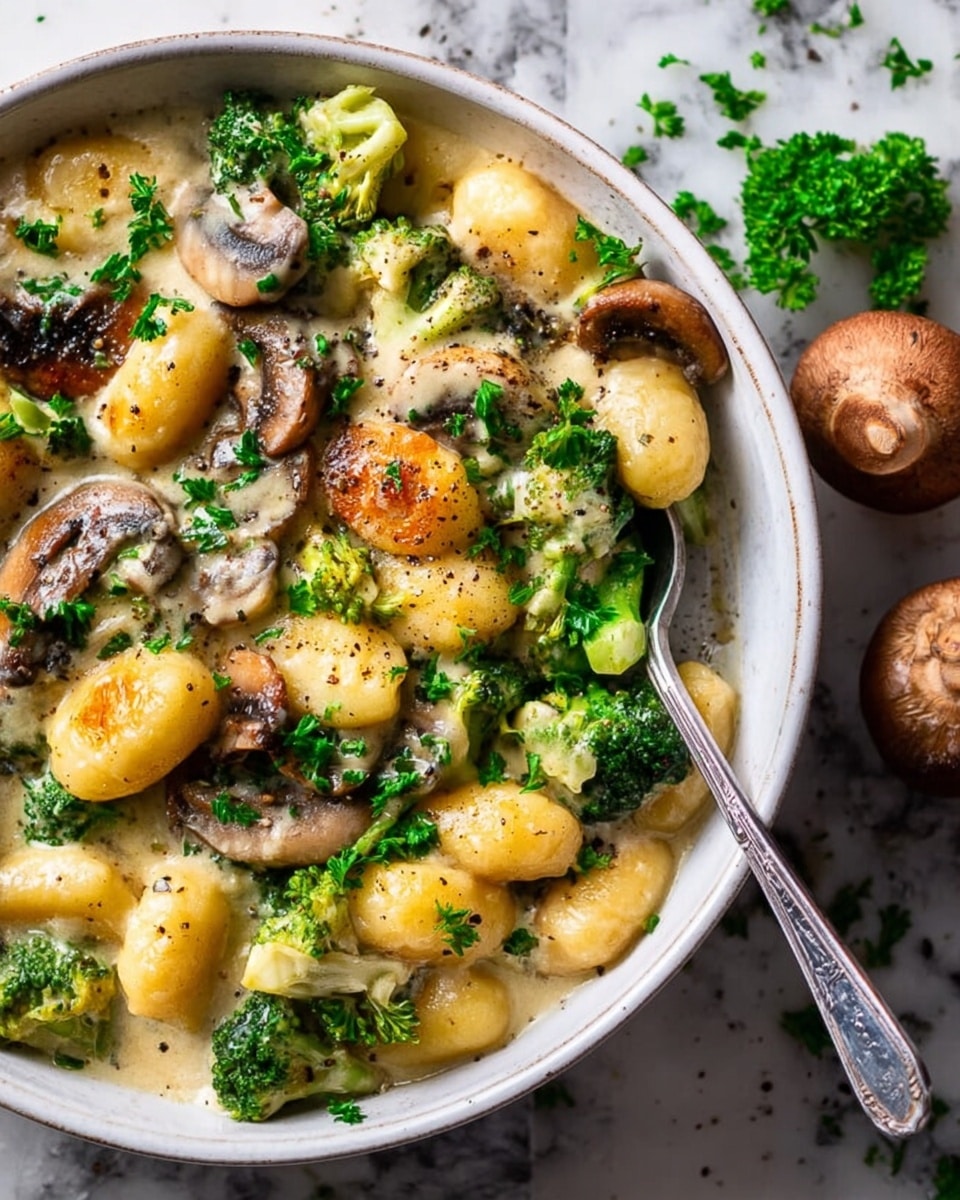 A close-up view of a white bowl filled with creamy gnocchi and vegetable mix. The dish has one main layer where soft, golden gnocchi pieces are mixed with bright green broccoli florets and sliced brown mushrooms. The creamy sauce covers everything with a smooth texture, speckled with black pepper. Fresh green parsley pieces are sprinkled on top around the vegetables and gnocchi. A spoon rests inside the bowl, shining slightly, and a whole mushroom sits beside the bowl on a white marbled surface. The photo taken with an iphone --ar 4:5 --v 7