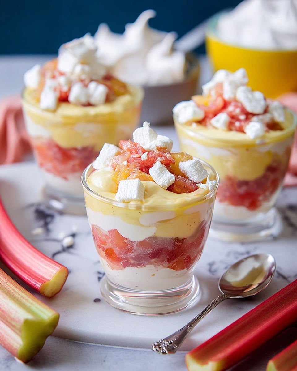 Three clear glass dessert cups are filled each with four visible layers: the bottom layer is a chunky pinkish-red fruit compote, followed by a white creamy layer with a slightly rough texture, then a smooth pale yellow custard layer, and finally topped with crumbled white meringue pieces and small chunks of the same pinkish-red fruit compote. The cups are placed on a white marbled surface, surrounded by fresh cut rhubarb stalks, a white meringue, a spoon, and part of a yellow container blurred in the background. The overall look is colorful with soft textures and clear glass showing all layers clearly, photo taken with an iphone --ar 4:5 --v 7