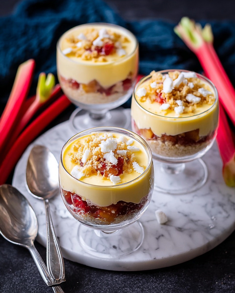 The image shows three clear glass dessert cups on a white marbled surface. Each cup has three layers: the bottom layer is a mix of red and brown fruit pieces, followed by a light beige crumble layer, and topped with a smooth pale yellow custard layer. On the custard, there are scattered white crumbly pieces and some small chunks of cooked red fruit. Two silver spoons lie on the surface nearby, and there are two fresh red and green stalks of rhubarb to the left side. The background behind the dessert cups is dark and contrasts with the bright colors of the dish. photo taken with an iphone --ar 4:5 --v 7