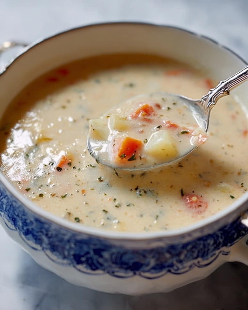 A close-up view of thick creamy soup served in a white porcelain bowl with blue patterns on the outside. The soup has a pale beige color with small chunks of orange carrots, translucent potatoes, and bits of herbs evenly spread inside. A silver metal spoon is partly dipped in the soup, lifting a scoop that shows the soup’s smooth, slightly lumpy texture filled with vegetable pieces. The bowl is placed on a white marbled surface, giving a clean and bright background. Photo taken with an iphone --ar 4:5 --v 7