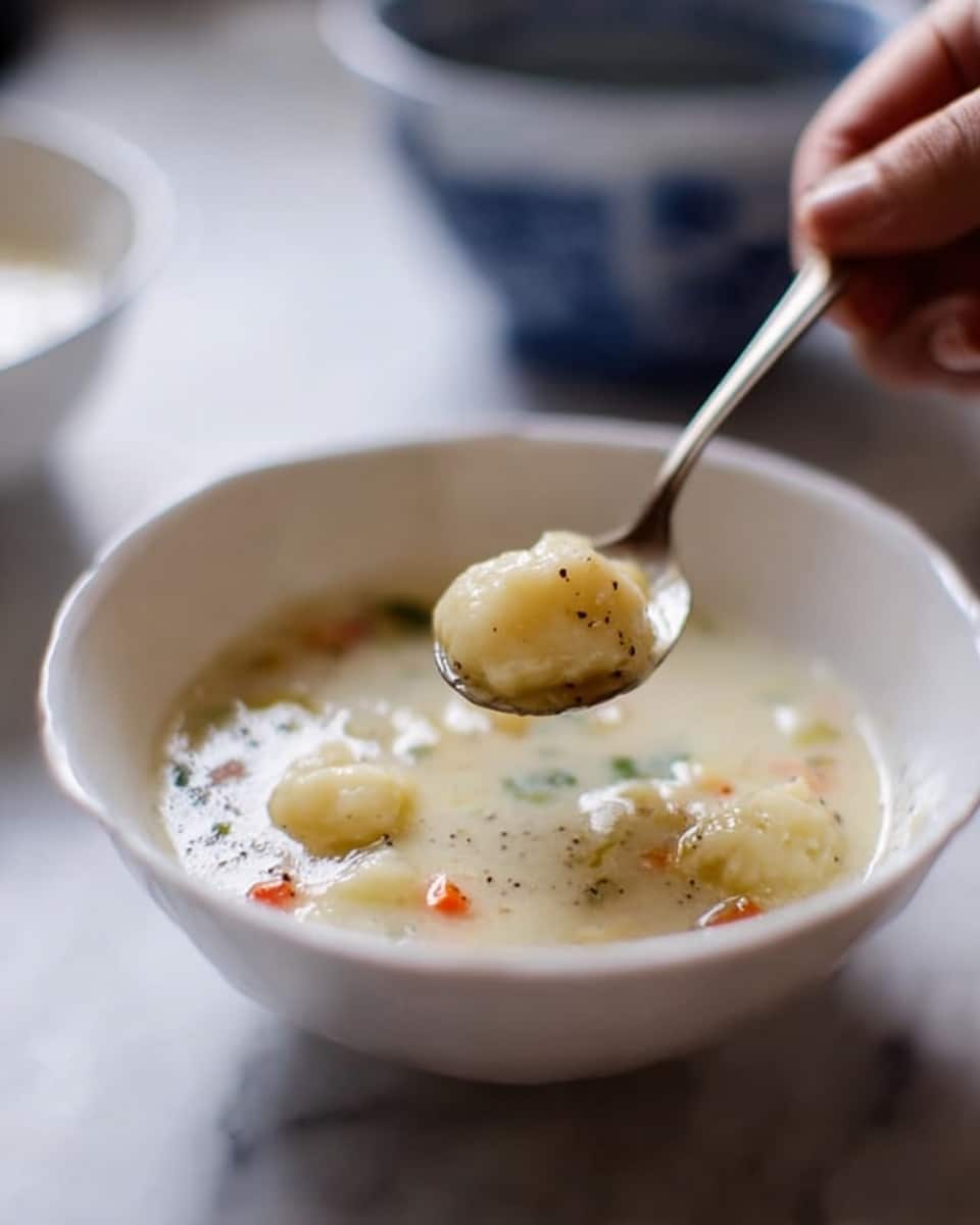 A white bowl filled with a creamy soup that has small, soft, pale yellow dumplings floating in it, along with tiny bits of vegetables including small orange pieces, held by a woman's hand. A silver spoon scoops up some dumplings and soup, showing the soup's smooth, thick texture with some pepper or herb specks on top. The background surface is white marble, softly blurred, keeping the focus on the bowl and spoon. Photo taken with an iphone --ar 4:5 --v 7