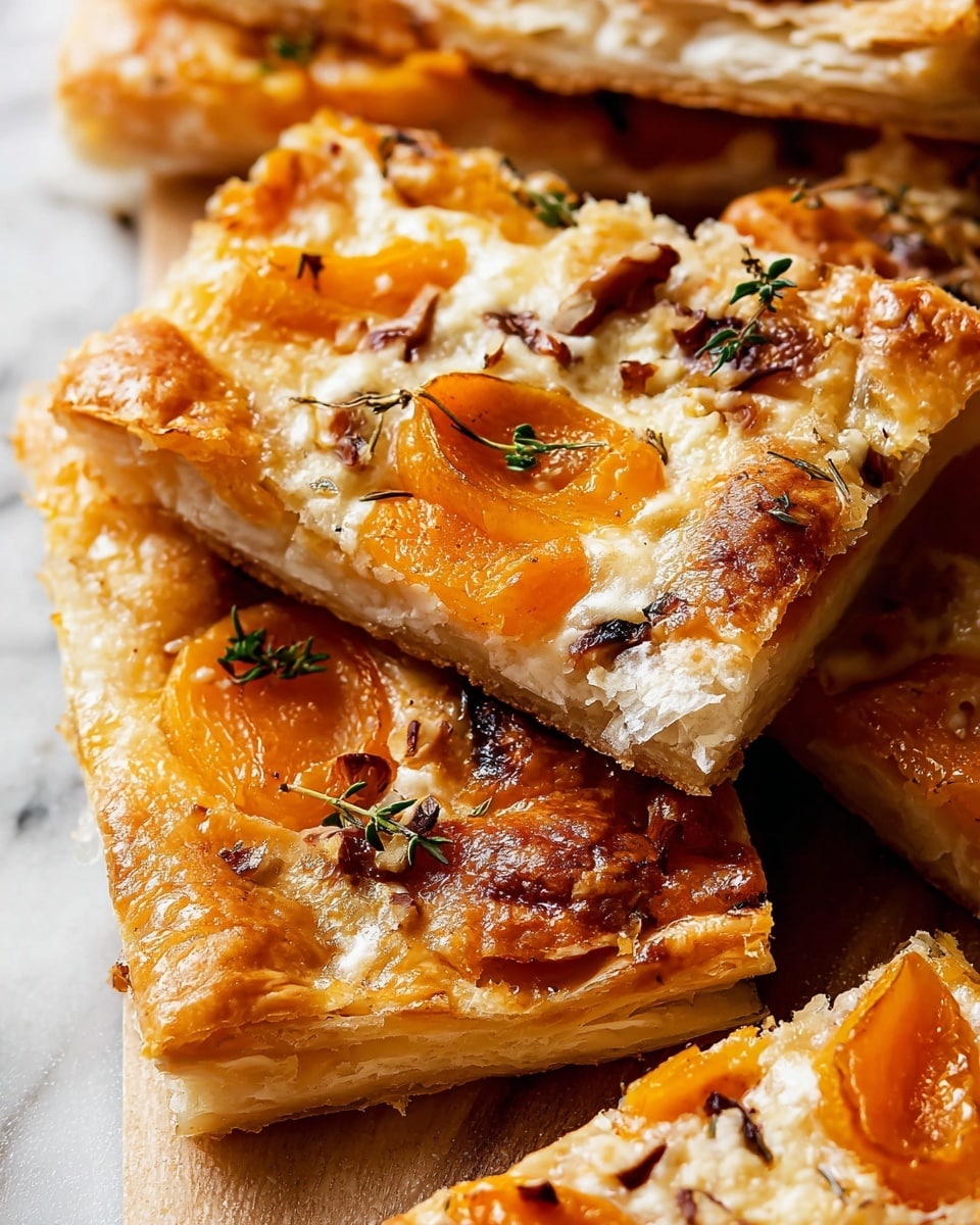 The image shows close-up pieces of a flaky, layered pastry tart with a golden-brown crust. The top layer has soft, orange slices of roasted apricot scattered evenly, with small bits of browned nuts embedded in the flaky dough underneath. The base looks light and crisp with a few herbs like thyme for garnish. The tart pieces are placed on a sheet with a white marbled texture visible in the background. The textures emphasize the layers of the crisp dough and the soft, juicy apricot slices. Photo taken with an iphone --ar 4:5 --v 7